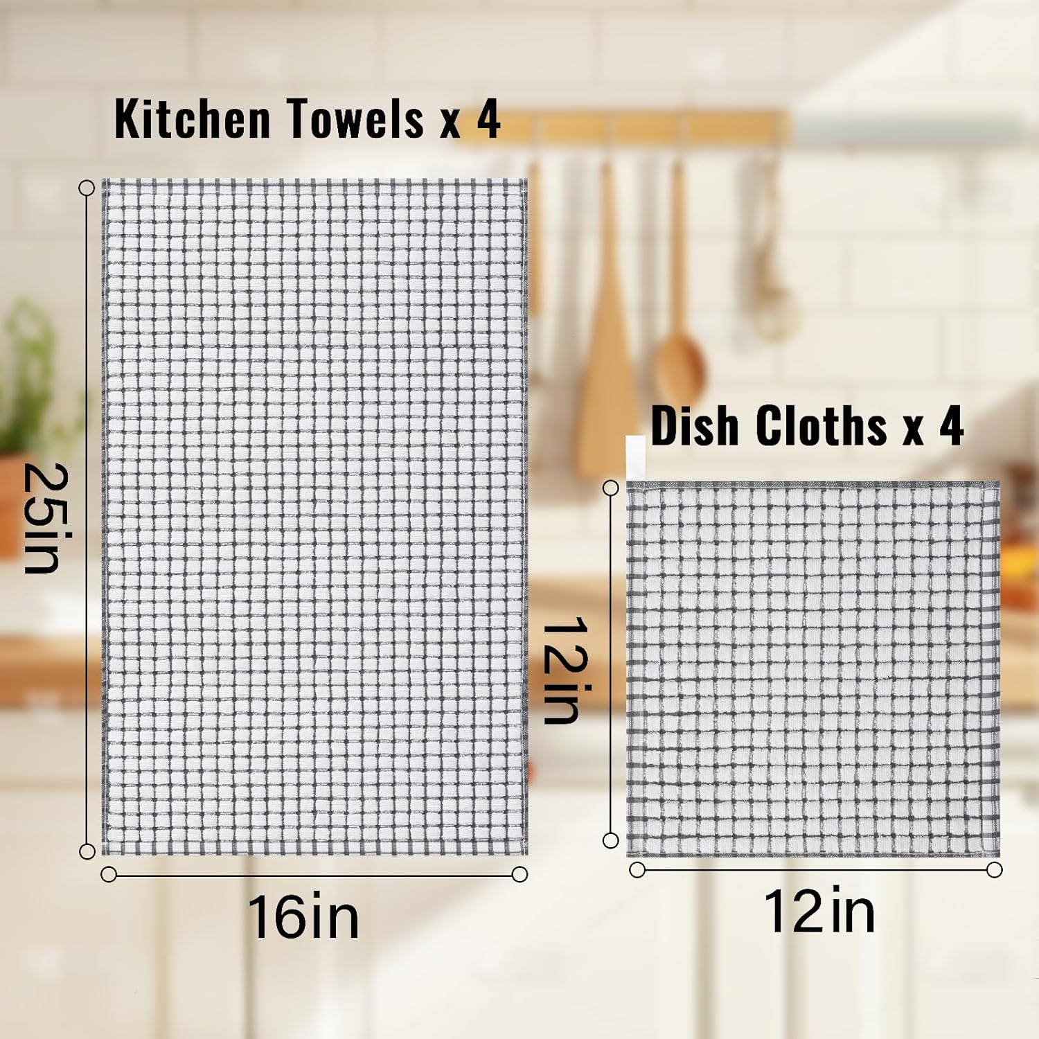 Homaxy Kitchen Towels and Dishcloths Set, 16 x 25 and 12 x 12 Inches, Set of 8 Cotton Terry Kitchen Dish Towels, Super Soft and Absorbent Dish Cloths, Grey - Image 3