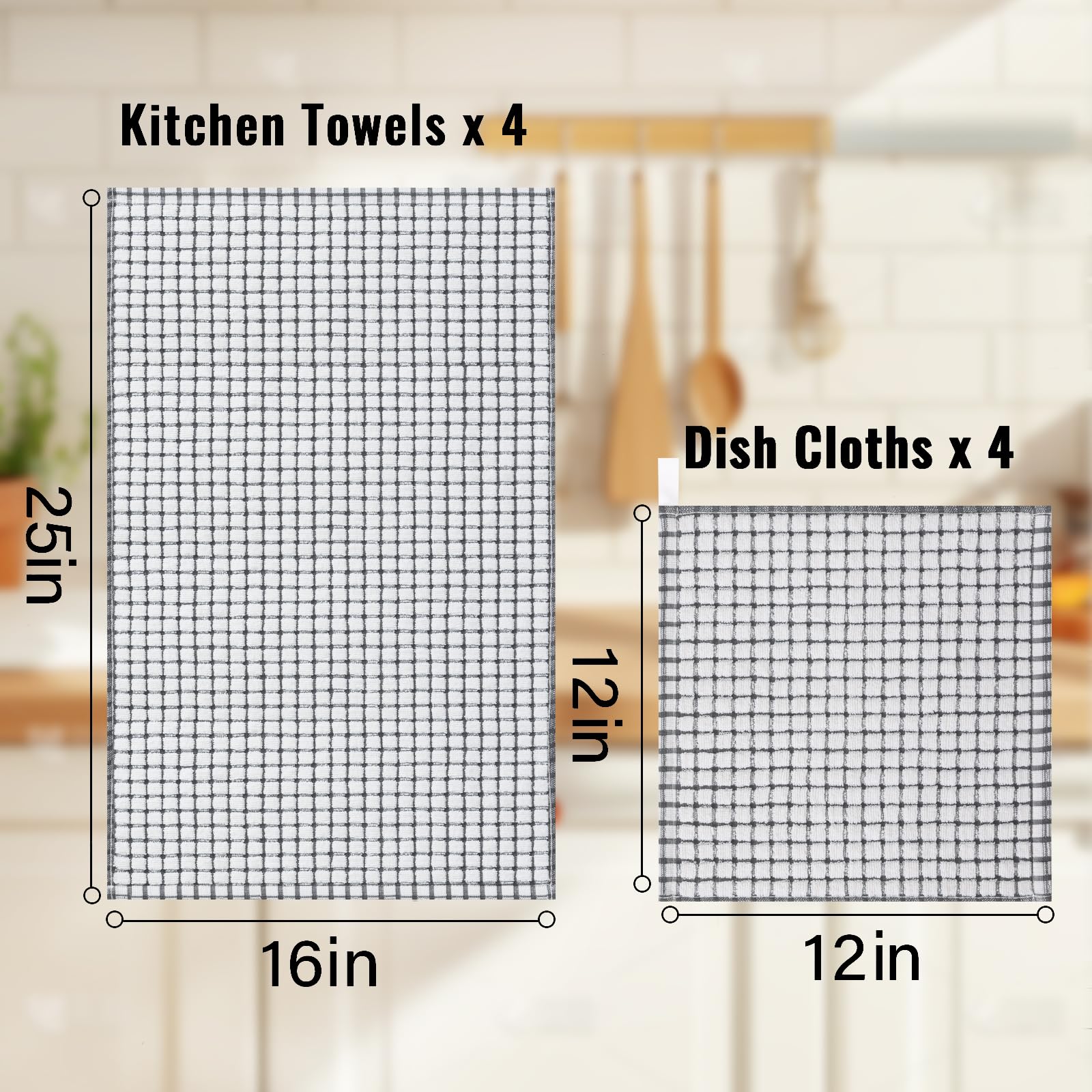 Homaxy Lot de 8 torchons de cuisine en coton éponge super doux et absorbants, 40,6 x 63,5 cm et 30,5 x 30,5 cm, noir/gris/rose/marron