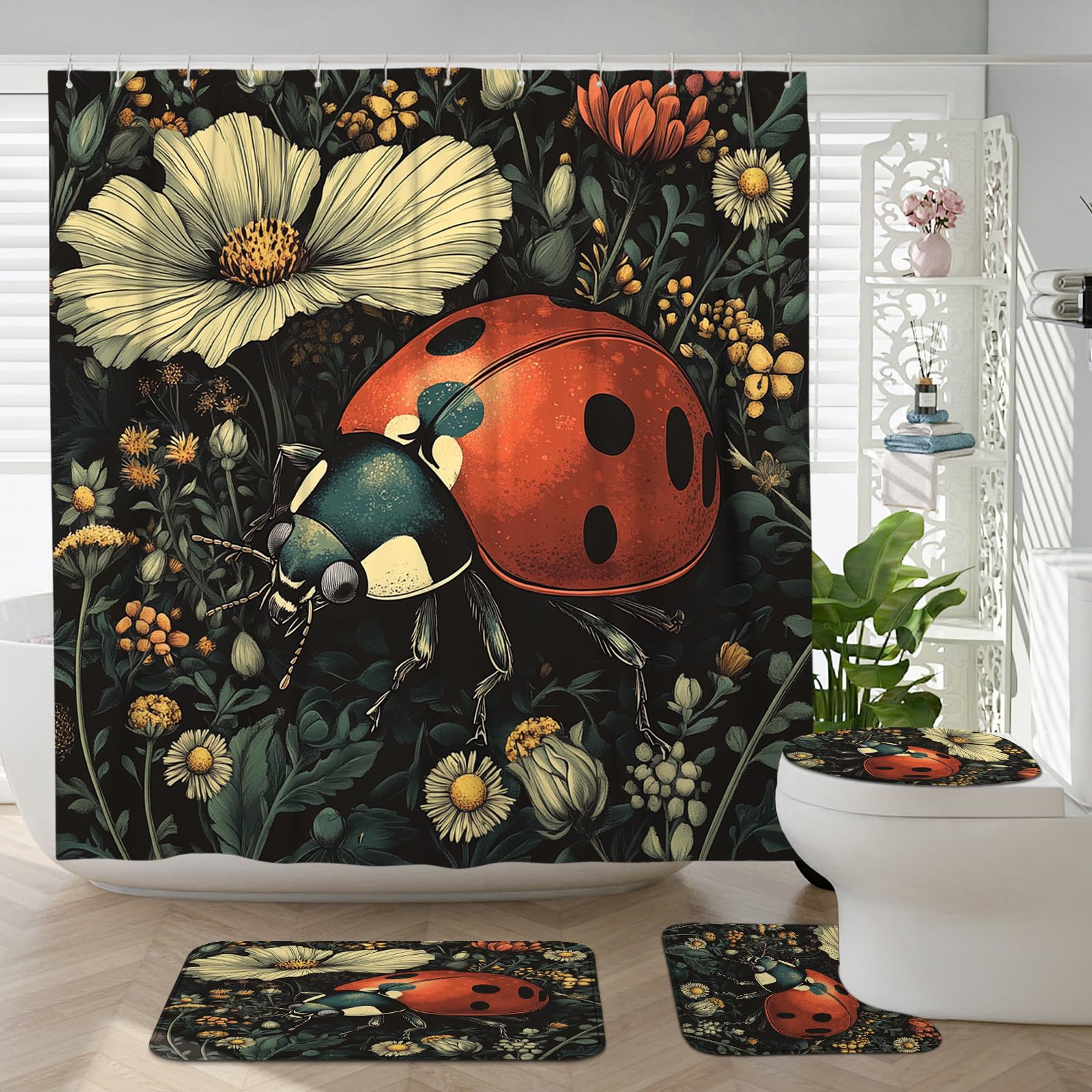 4PCS Aesthetic Retro Ladybug Bathroom Accessory Sets with Non-Slip Rug, U Shape and Toilet Lid Cover Mat, Victoria Vintage Insect Bathroom Fabric Decor-72''x72''
