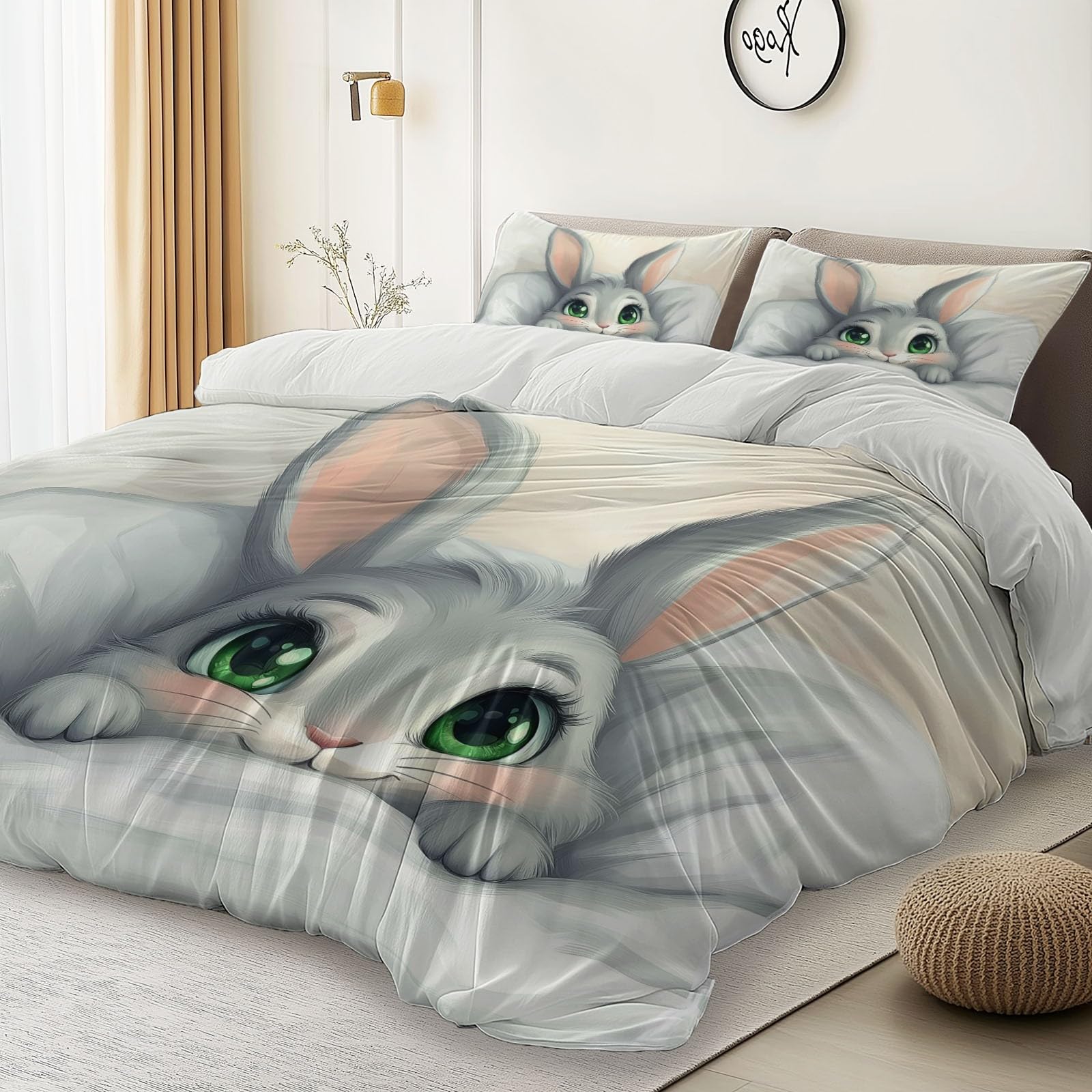 Funda Nordica Adorable Dibujos Animados Conejo, 240 x 260 cm Microfibra Suaves Juego de Ropa de Cama para niños Adultos Cama, Blanco Juego de Funda Reversible