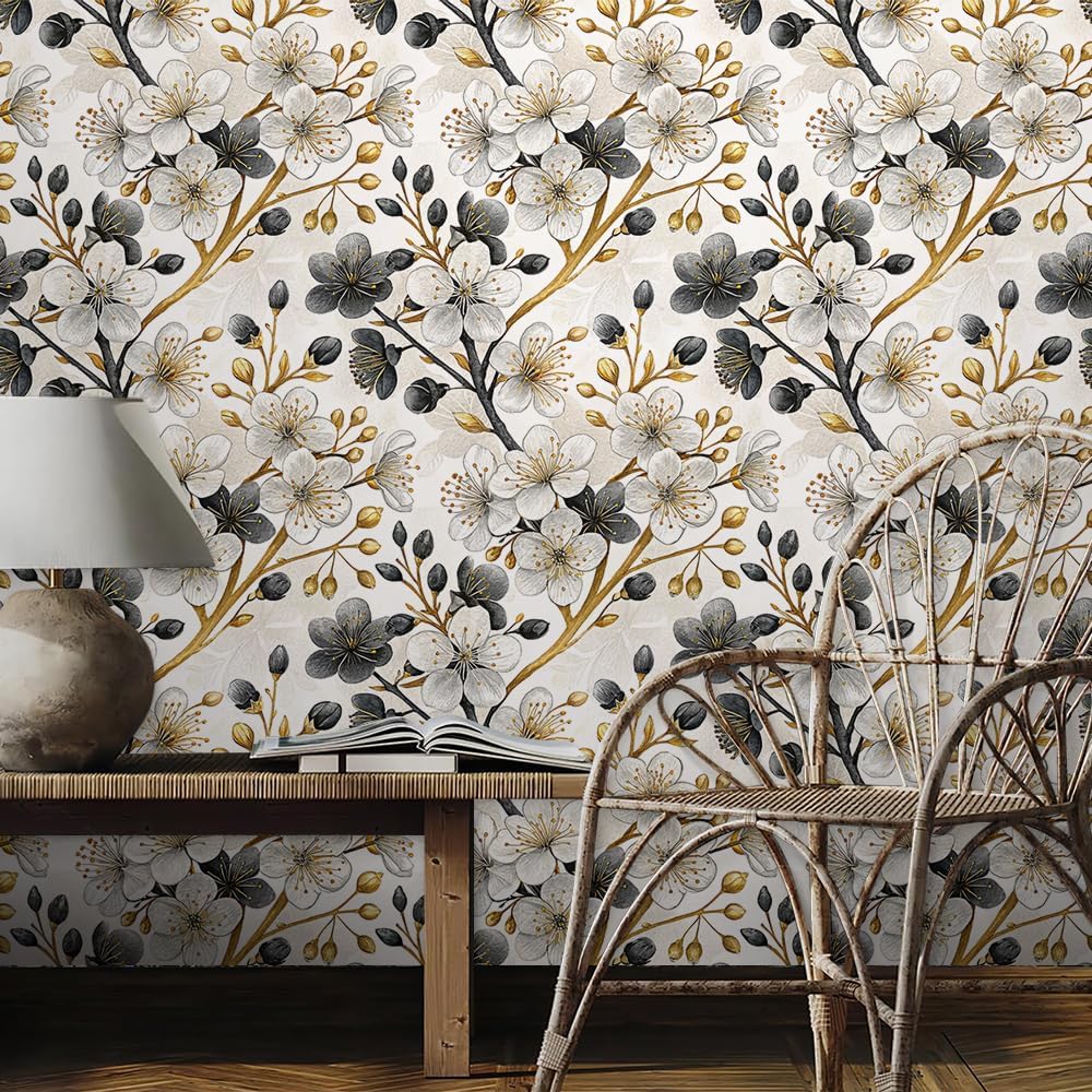 REDAMANCY 17.7"x236" Vintage Black White Gold Blossom Flower Peel and Stick Wallpaper Modern Wall Paper Stick on Contact Paper Easy Peel Off for Bedroom nightstand Drawer Renter Friendly