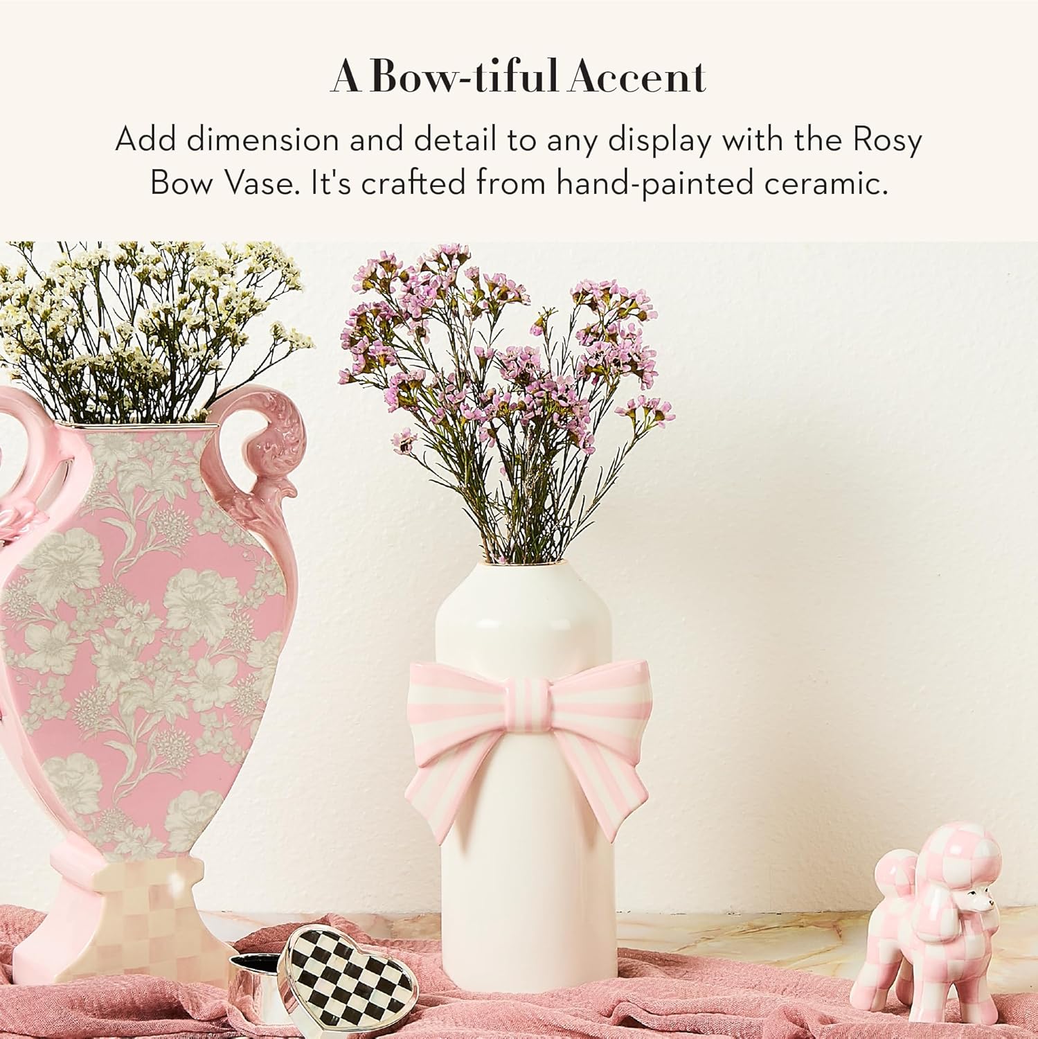 MACKENZIE-CHILDS Ceramic Vase, Unique Flower Vase, Table Decor for Living Room, Pink-and-White Rosy Bow