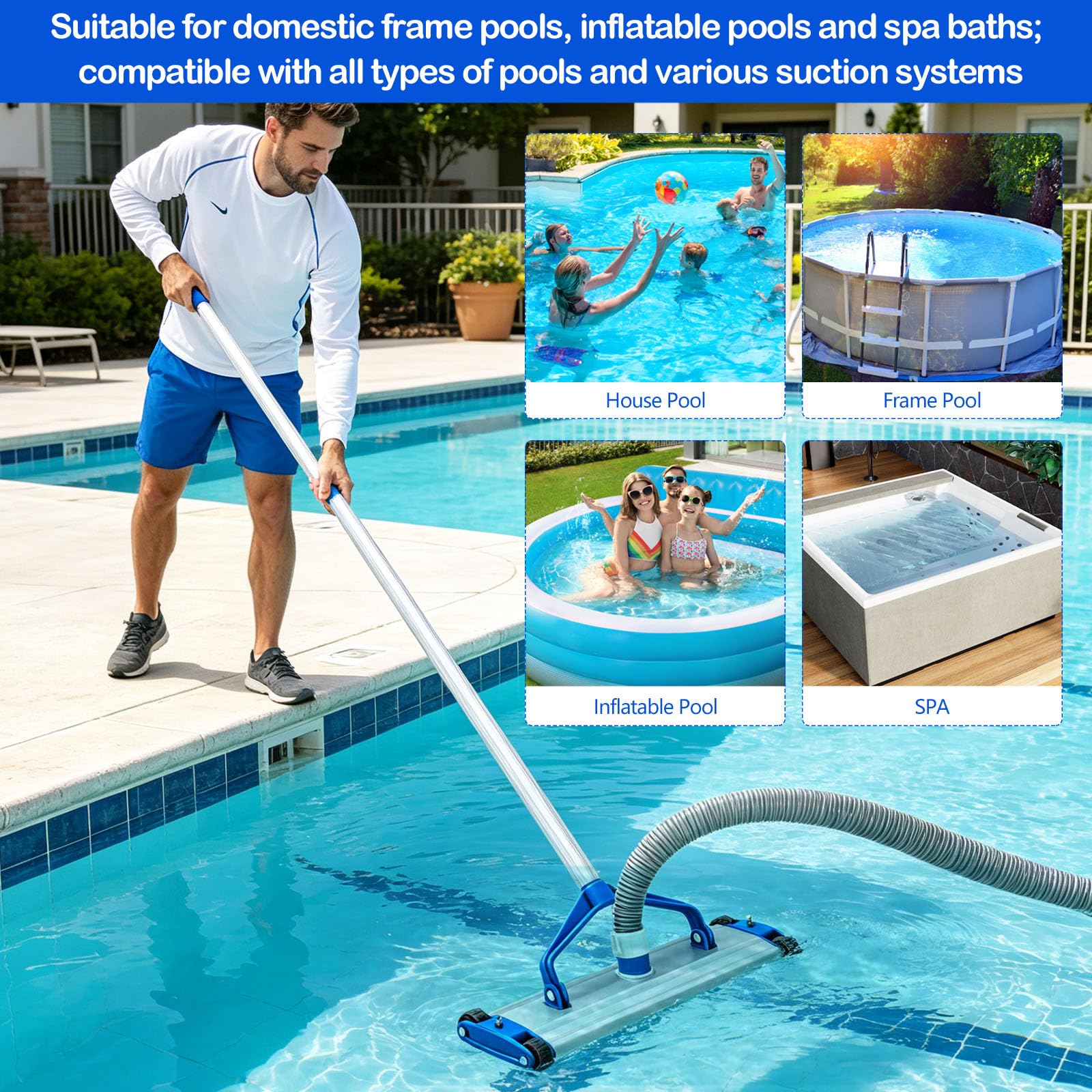 Tête d'aspiration de piscine en aluminium - 43,5 x 25 x 10 cm - 4 roues - Raccord d'aspiration 2,3 kg - Tuyau de 38 mm - Tête de nettoyage robuste - Nettoyage manuel - Piscine hors-sol - Efficace et