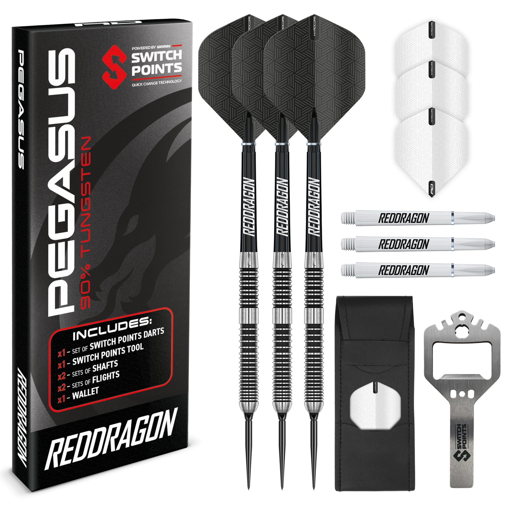 RED DRAGON Pegasus Switch Point – Powered by Winmau Darts | Punta in acciaio da 24 g | Set di freccette professionali all'80% in tungsteno | Esclusivo set di freccette Amazon con custodia