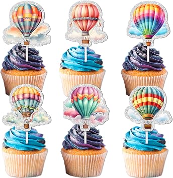 Hot Air Balloon Dessert Cupcake Topper Travel Bon Voyage Adventure Theme Decor Supplies Men Women Happy Birthday weeding Anniversary Graduation Party Decorations set 18pcs Colorful Glitter