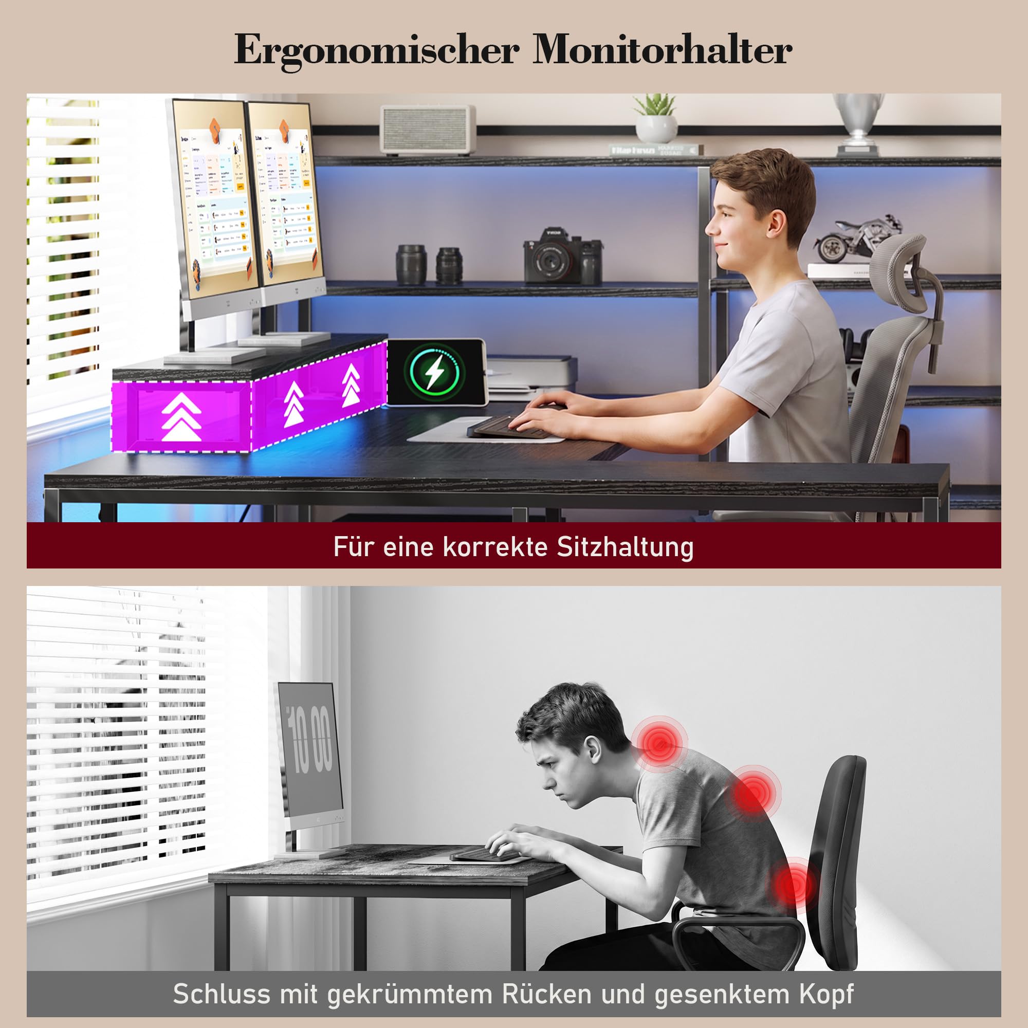 160 × 100cm Eckschreibtisch mit Stauraum und LED | U Form Gaming Tisch mit 2 Schubladen, 6 Regal, Monitorhalterung, Steckdosen, Reversibel, für Homeoffice, Gaming, Schwarz