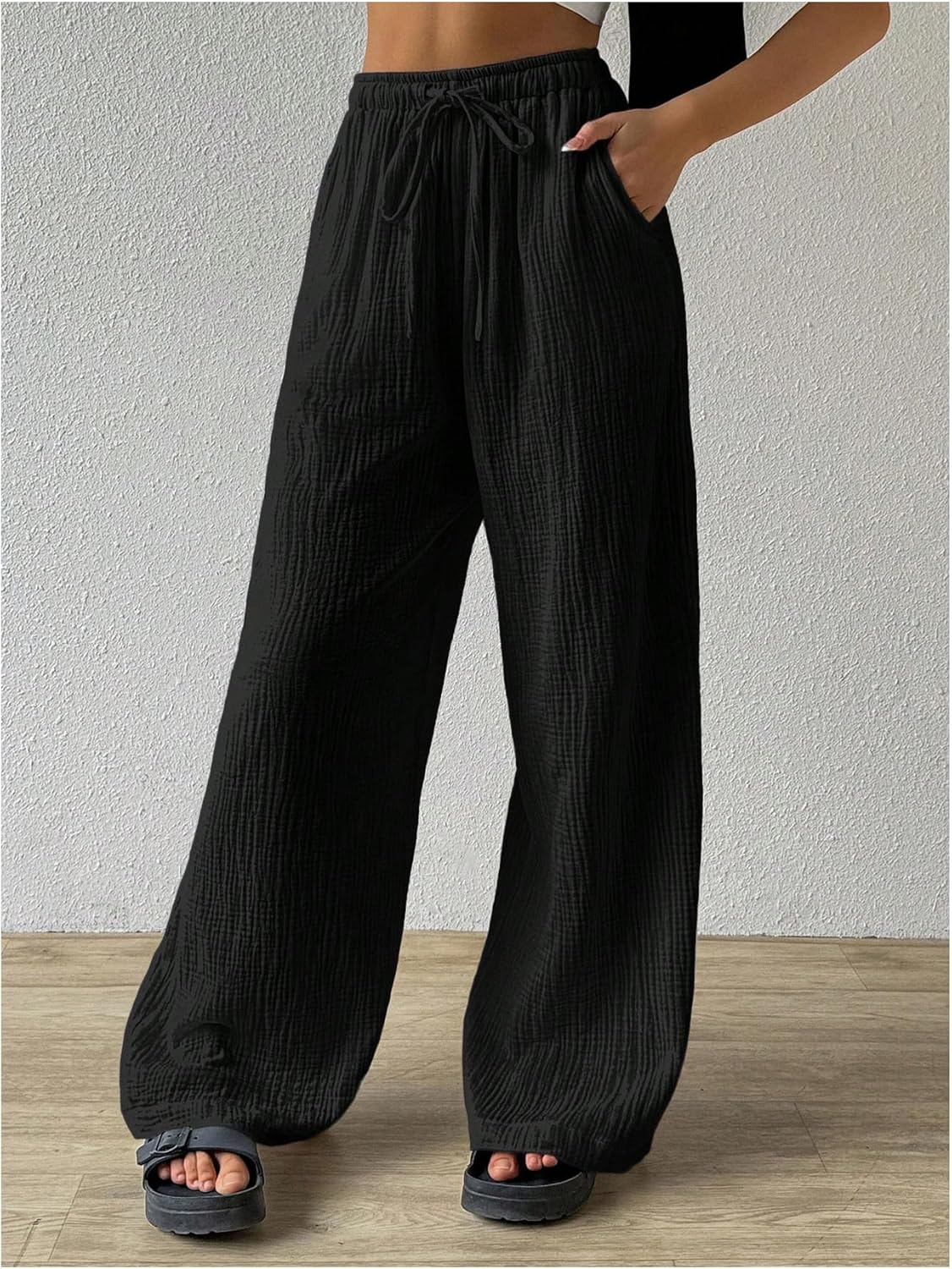 SHENHE Women's Wide Leg Pants with Pockets High Waist Drawstring Casual Textured Travel Pants - Image 3