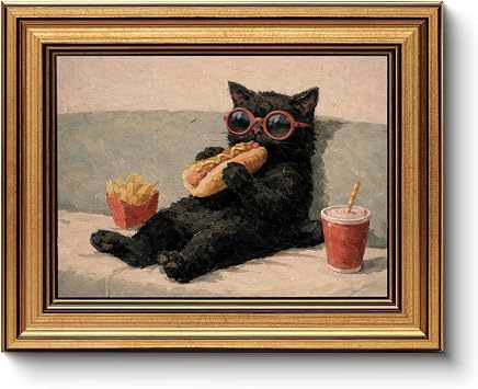 HUARCEY Vintage Gold Small Framed Cats Holiday Cartoon Canvas Wall Art, Whimsical Kitten Enjoying Hot Dog Fries and Drink Artwork Print, Playful Animal for Nursery Kitchen Bathroom Home Decor 8"X10"