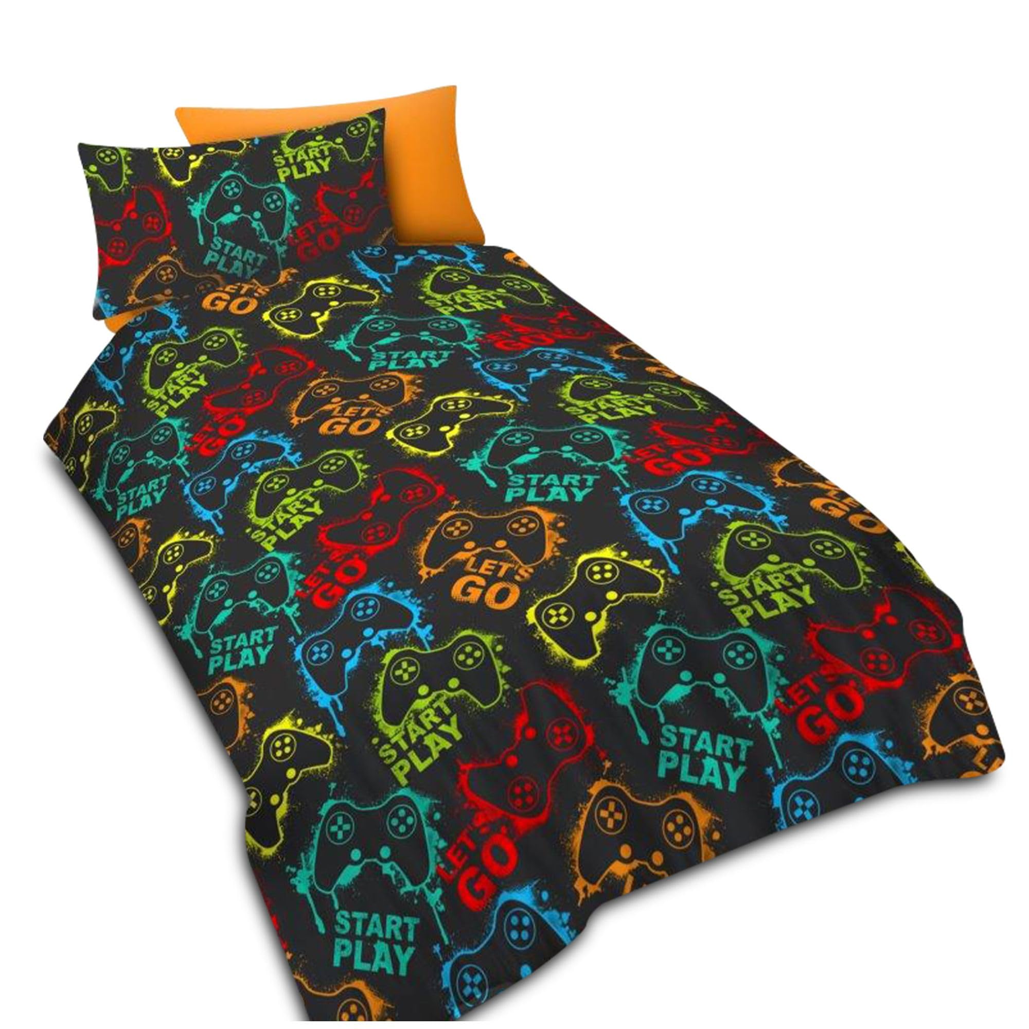 VELVETIO Premium Kids Duvet Cover Set with Pillowcase, Microfiber Boys Gamer Bedding Bedset Single Size, Soft Breathable Controller Comforter Quilt, Multi
