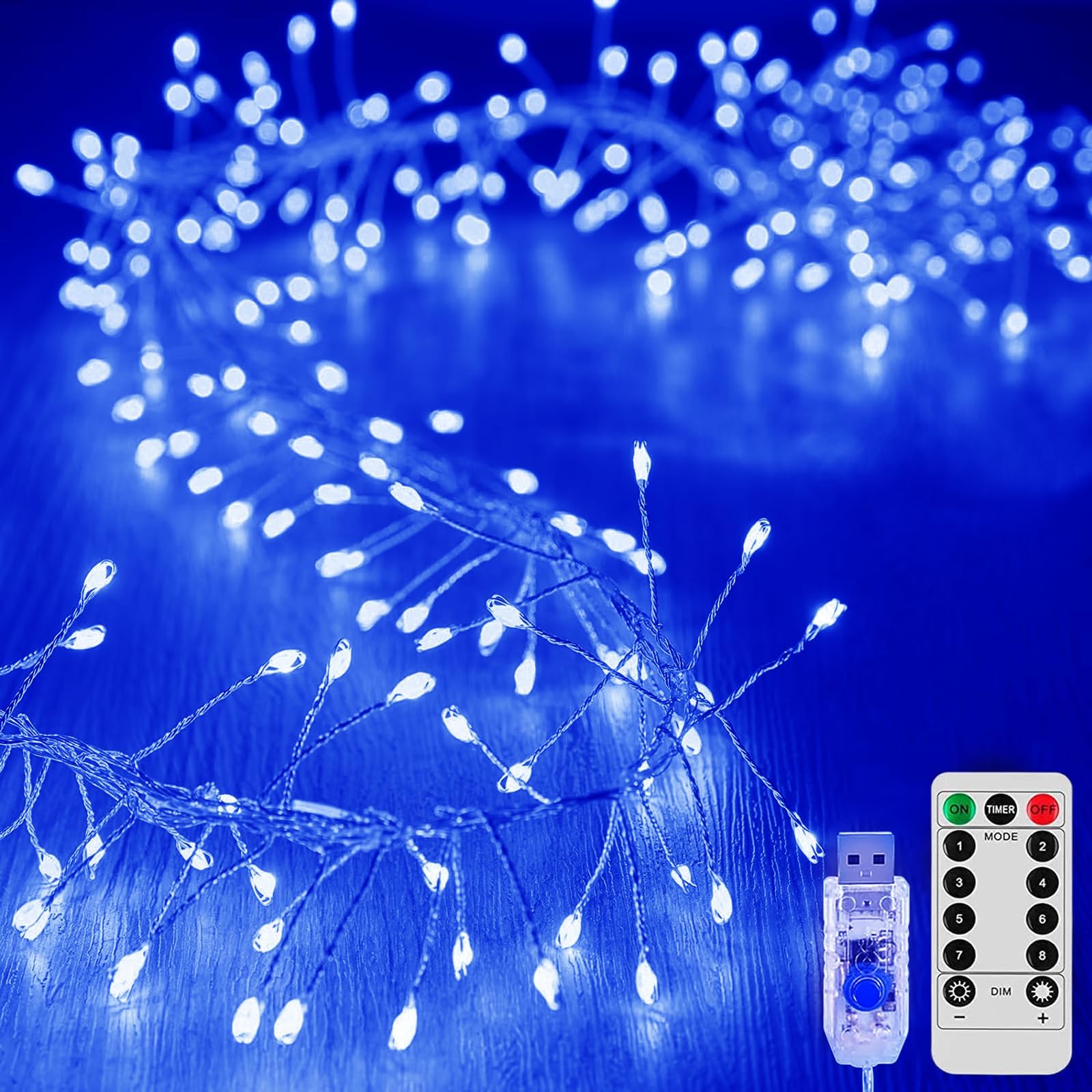 KINGCOO Cluster Fairy Lights with Remote, Waterproof 39FT 400LED Silver Wire Firecracker String Lights USB Powered for Outdoor Indoor Bedroom Window Wedding Christmas Party Decoration (Blue)