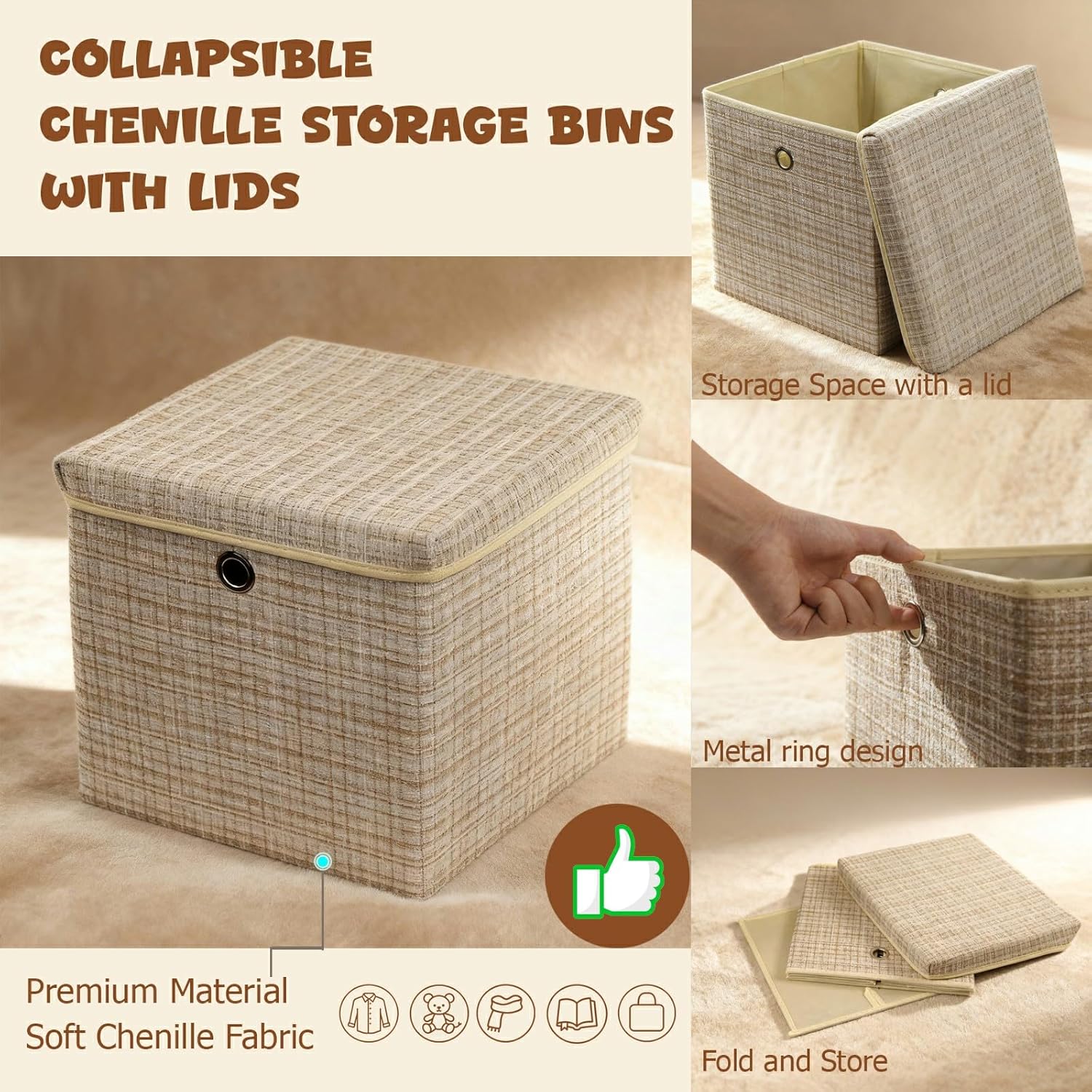 modscape 4-Pack 12"x12" Fabric Cube Storage Bin with Lid, Foldable Collapsible Fabric Storage Bins for Clothes Toys, Sturdy Storage Cube for Bedroom Closet Shelves Home Organization (Shining Beige 4)