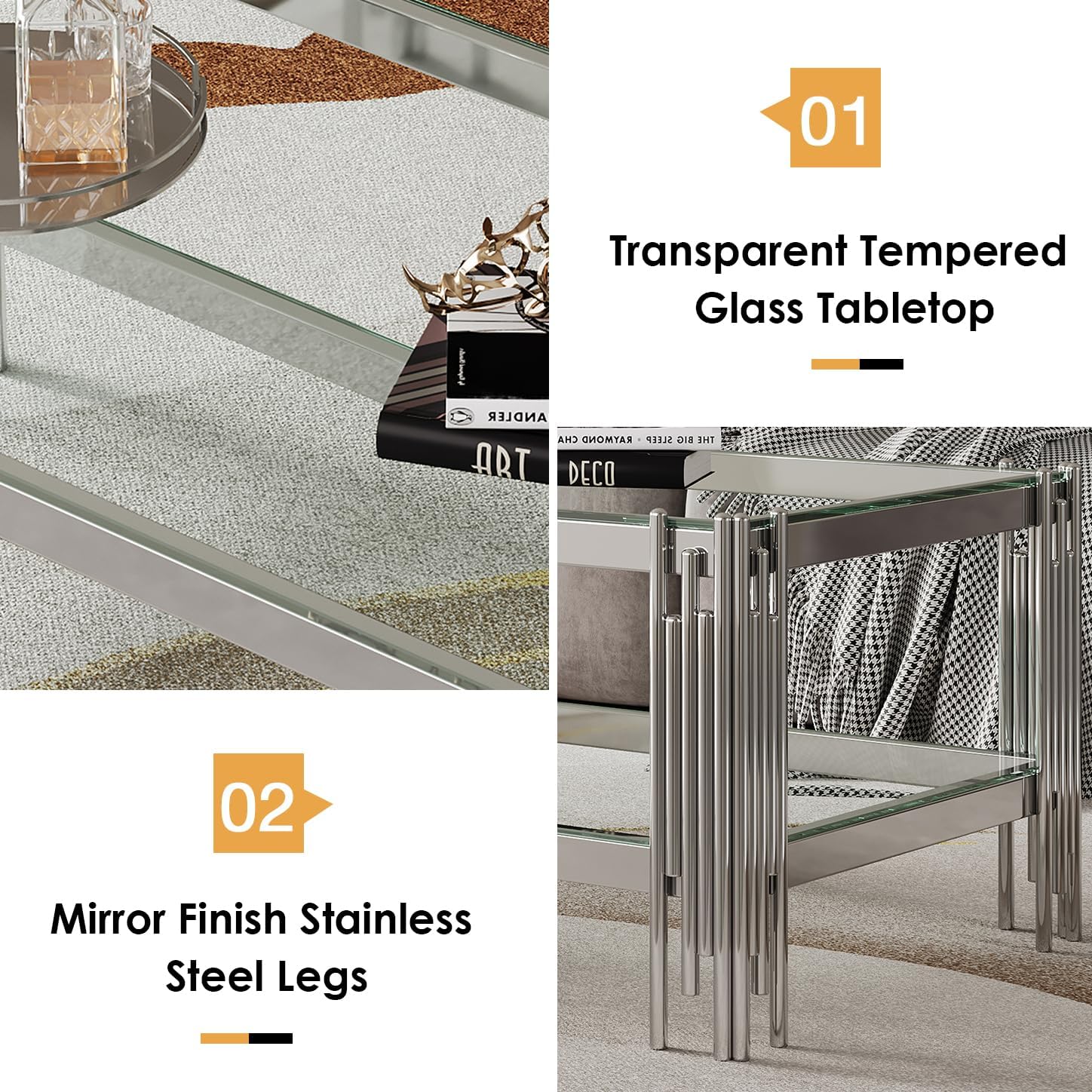 Glass Coffee Table for Living Room,Modern Clear Coffee Table with Silver Stainless Steel Leg,2-Tier Rectangle Coffee Table with Storage,Accent Sofa Side Center Table for Home,Office,Apartment