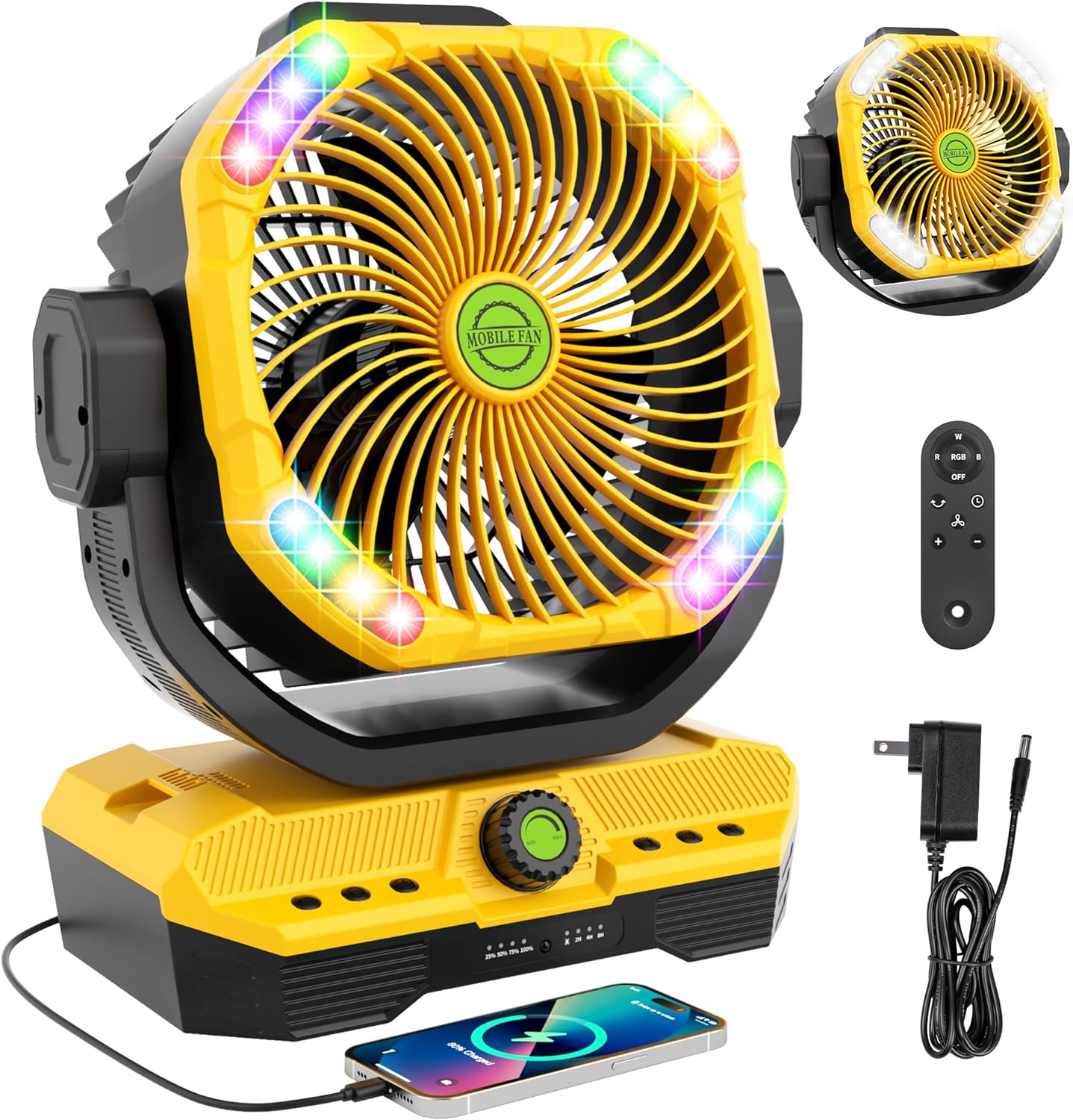 45000mAh Battery Powered Fan Rechargeable, High Velocity 360°Auto-oscillating Powerful Airflow Battery Operated Fans, Quiet & 8H Timer Christmas Decorations Outdoor Fan for Bedroom X66 Yellow - Image 8