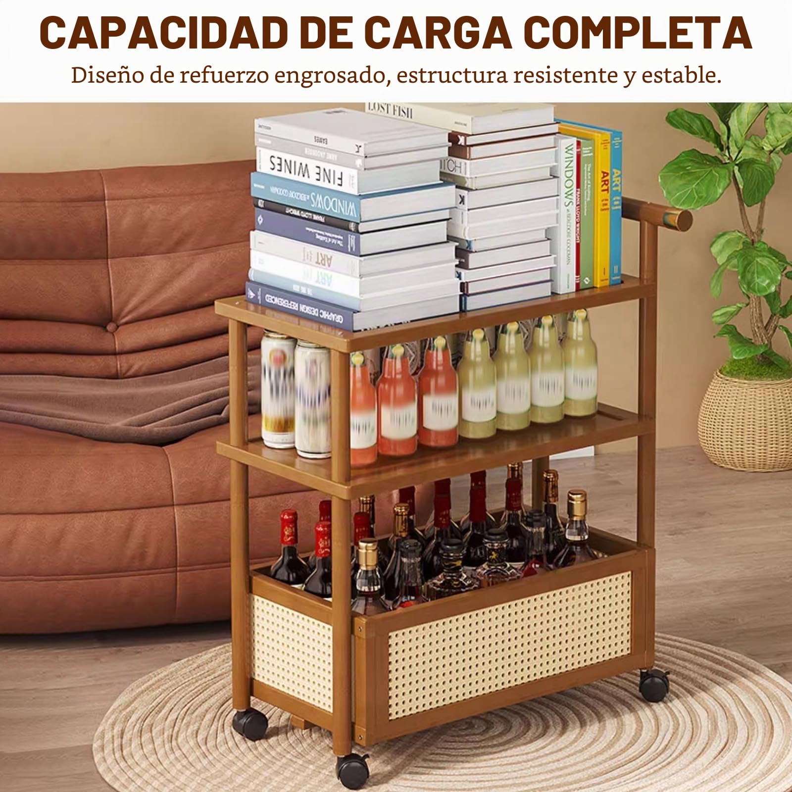 Mesa Auxiliar Salon Con Ruedas De Bambú Mesas Auxiliares for Espacios Pequeños for Salon End Table Con Almacenamiento for Salón Y Dormitorio,Diseño Estable Con Ruedas Silenciosas,Para Sofá Y Cama(Brow