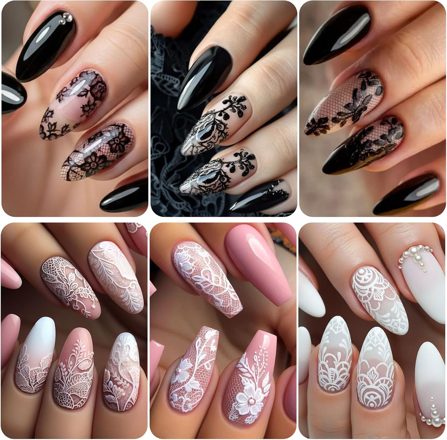 Lace Flower Nail Foil Transfer Sheets 20 Rolls Black White Lace Florals Nail Art Foils Elegant Valentines Sticker Nail Designs Lace Starry Sky Adhesive Valentine Foils Manicure Decoration for Women