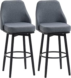 HOMCOM Bar Height Bar Stools Set of 2, 360° Swivel Barstools, Upholstered Extra Tall Bar Chair with 30" Seat Height and Steel Legs, Charcoal Grey