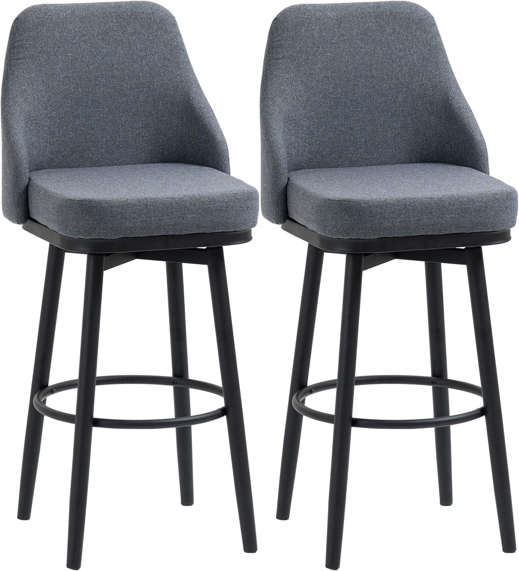 HOMCOM Bar Height Bar Stools Set of 2, Modern 360° Swivel Kitchen Chairs with Steel Legs and Footrest, 29.5 Inch Seat Height Upholstered Barstools for Kitchen Island, Dark Gray