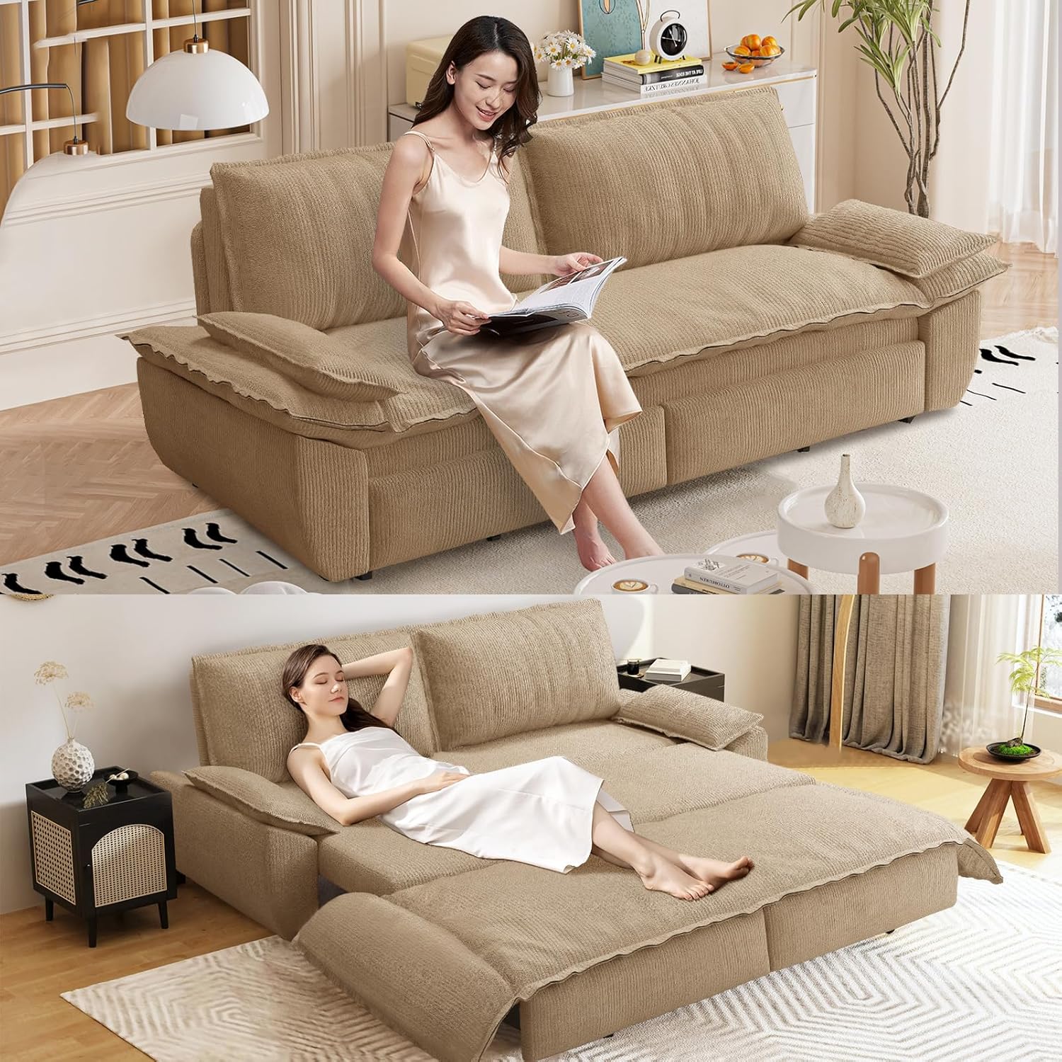 73 Inch Queen Sleeper Sofa, 3-in-1 Convertible Futon Sofa Bed Camel - Corduroy Fabric Pull Out Couch with Cushion Armrest for Small Space, Living Room, Apartment, Bedroom, RVs