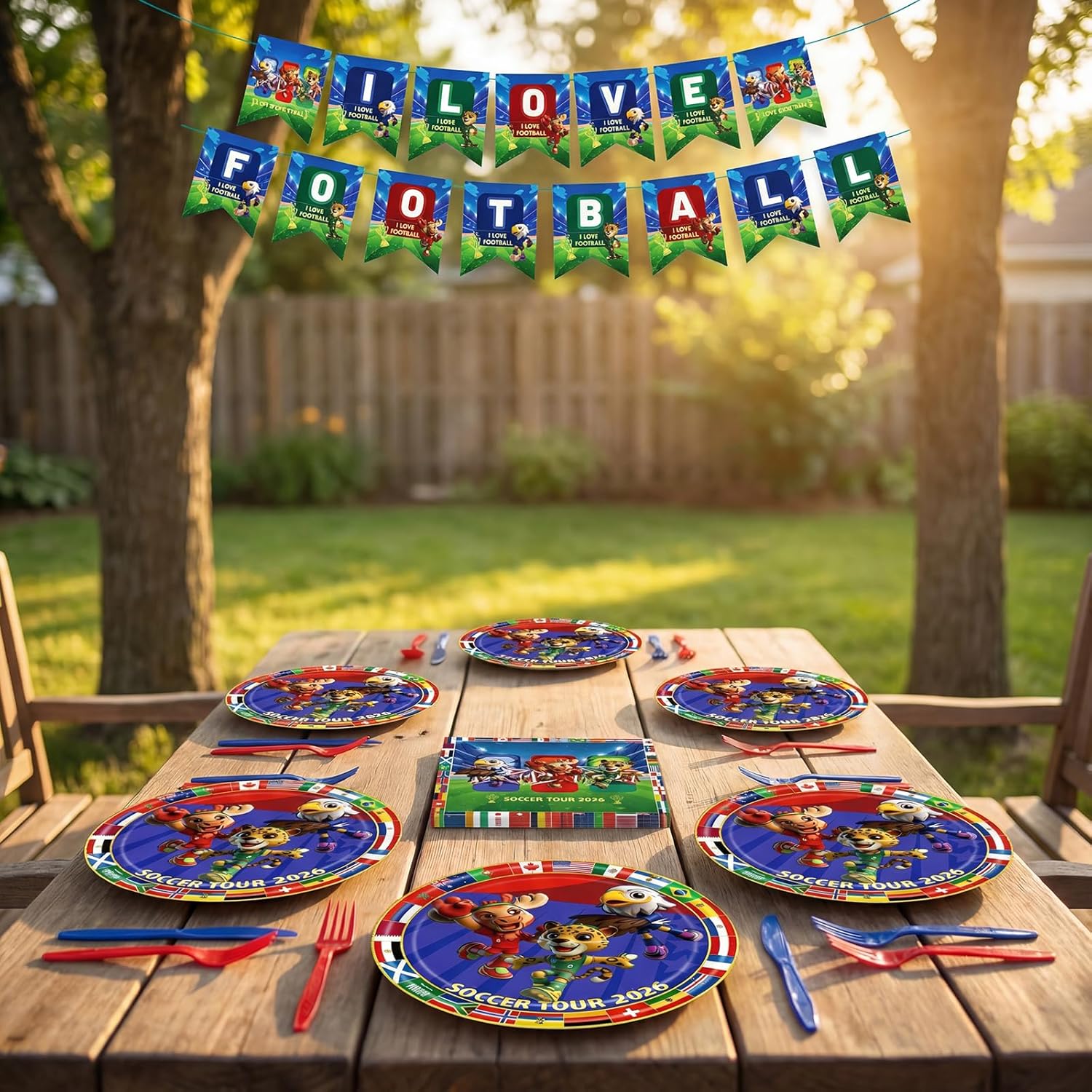 World Cup 2026 Mascot Soccer Party Decorations Kit, Mascot Football Theme Birthday Decorations with Plates, Napkins, Knives, Forks, Tablecloth, Pennants for Game Day Supplies Serves 20