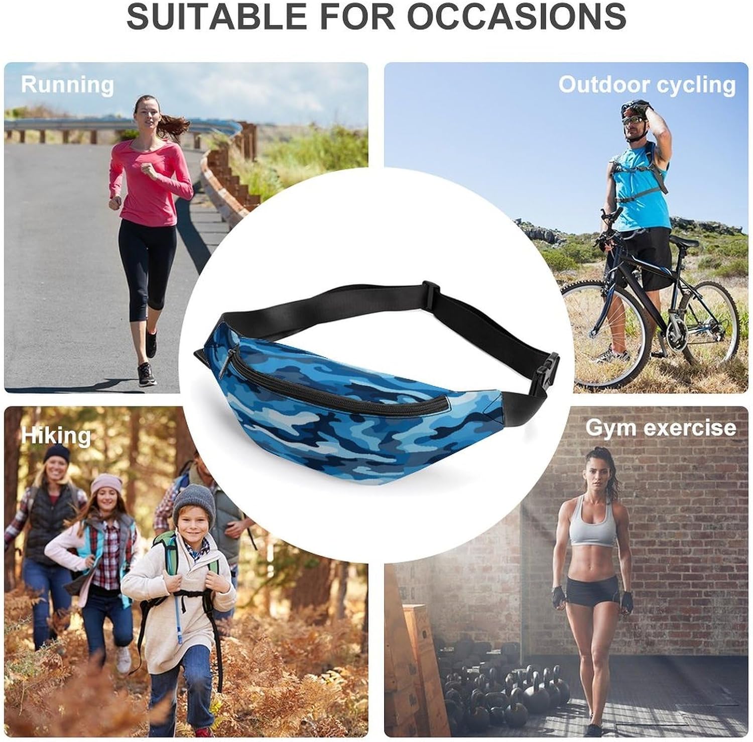 Fanny Pack for Men & Women Blue Camouflage Pattern Printed Butt Pack Polyester Waist Bag with Adjustable Strap Cycling Bag for Hiking Running & Travel
