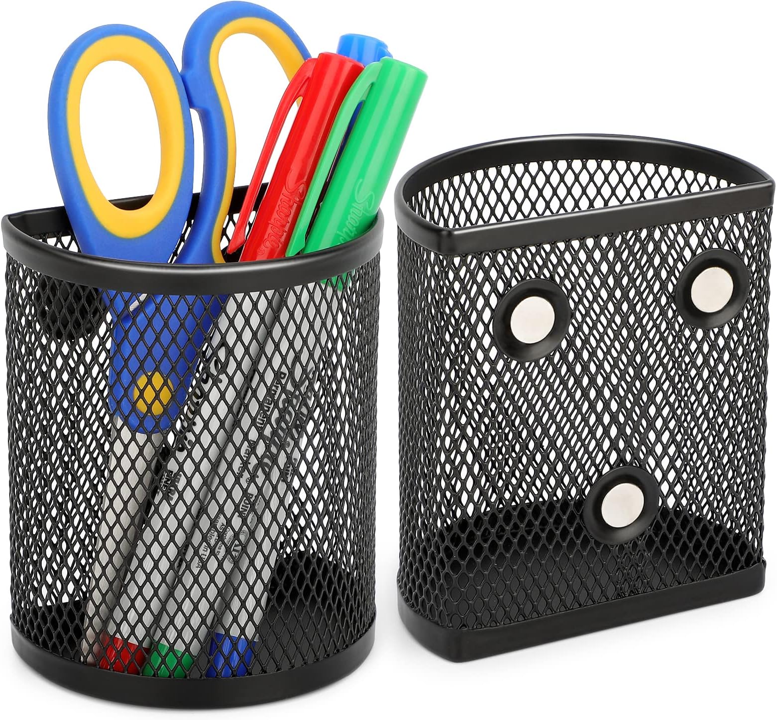 MaxGear Magnetic Pen Holder 2-Pack, Mesh Pencil & Marker Organizer for Desk, Extra Strong Magnets for Locker, Refrigerator, Dry Erase Board, Whiteboard Storage Solution (Semi-Circular)