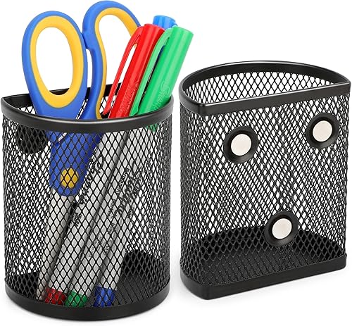 MaxGear Paquete de 2 soportes magnéticos semicírculos, 2 cestas de malla para lápices para almacenamiento de escritorio, organizador de marcadores
