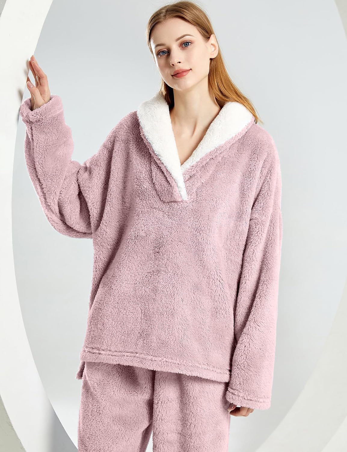 Gihuo Women' s Fluffy Pajamas Set Fleece Pullover Pants Loose Plush Sleepwear 2 Piece Pjs Set Warm Loungewear Fuzzy image 3