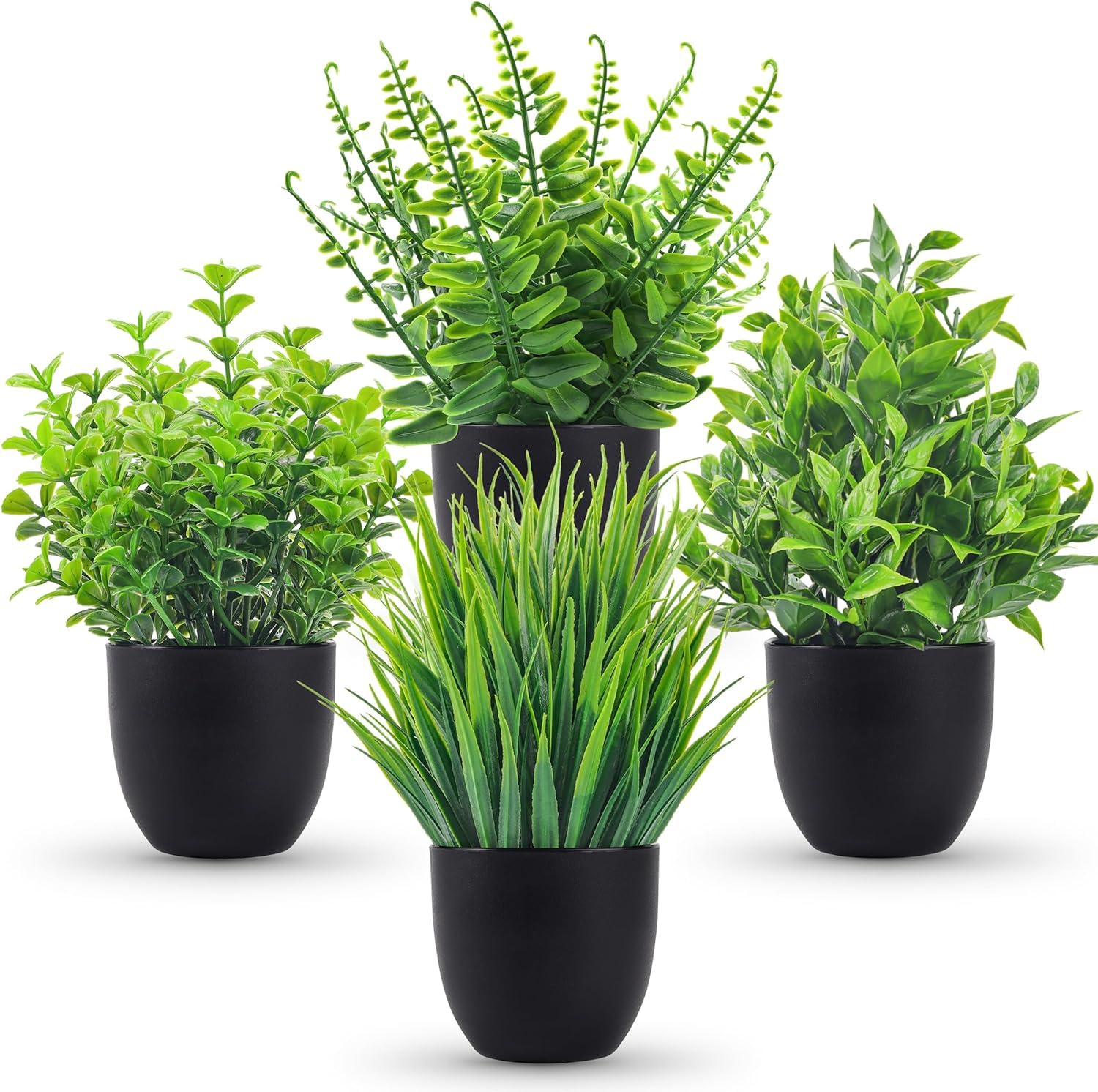 Dekorly® Artificial Potted Plants Mini Fake Plants, Small Eucalyptus Potted Faux Decorative Grass Plant with Black Plastic Pot for Home Decor, Indoor, Office, Desk, Table Decoration (Set of 4)-image-46