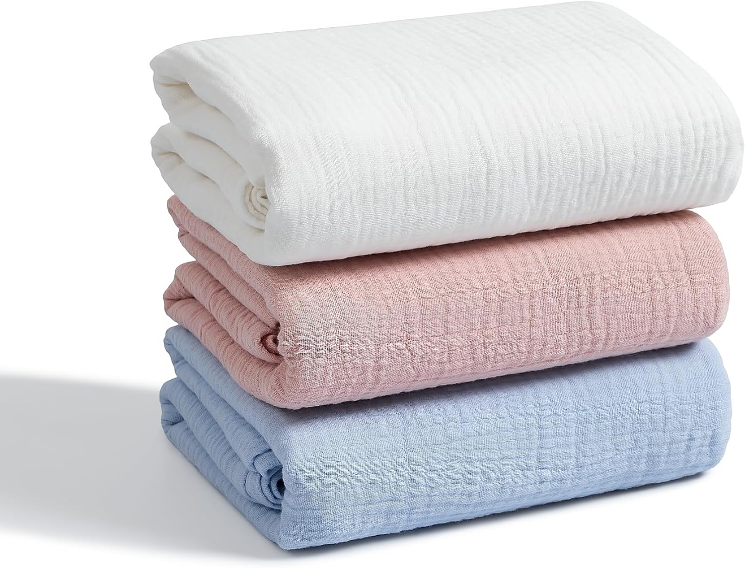 Meracorallo Muslin Swaddle Blanket, 100% Cotton Receiving Blanket Soft and Breathable Swaddle Wrap for Baby Boys and Girls, 3 Pack, Sky Blue+Pink+White