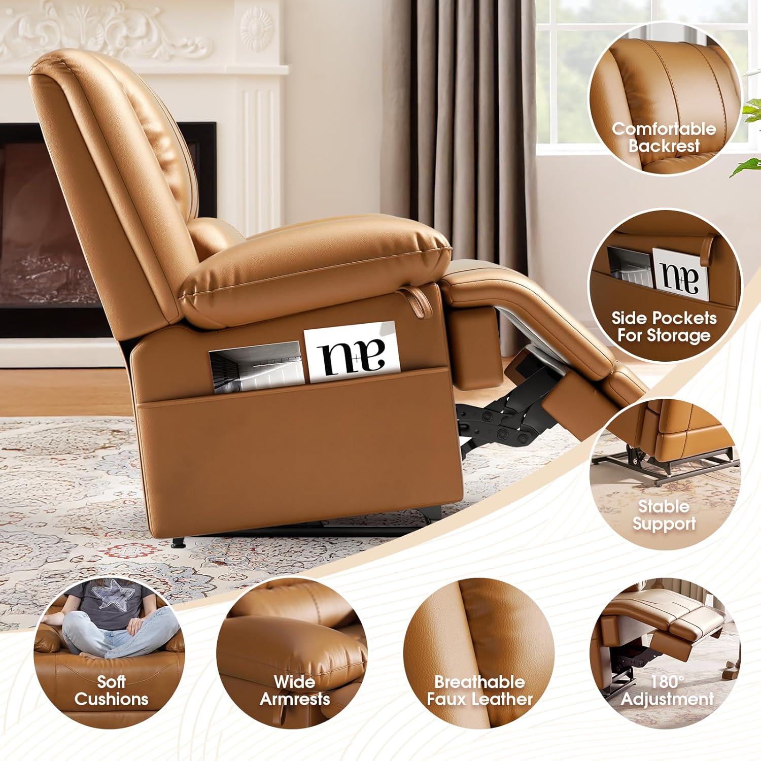 Infinite Position Dual Motor Power Lift Recliner Chair,with Massage and Heating,Fluffy Armchair with High Density Foam Cushion with USB Port and Remote Controls(Faux Leather,Light Brown)