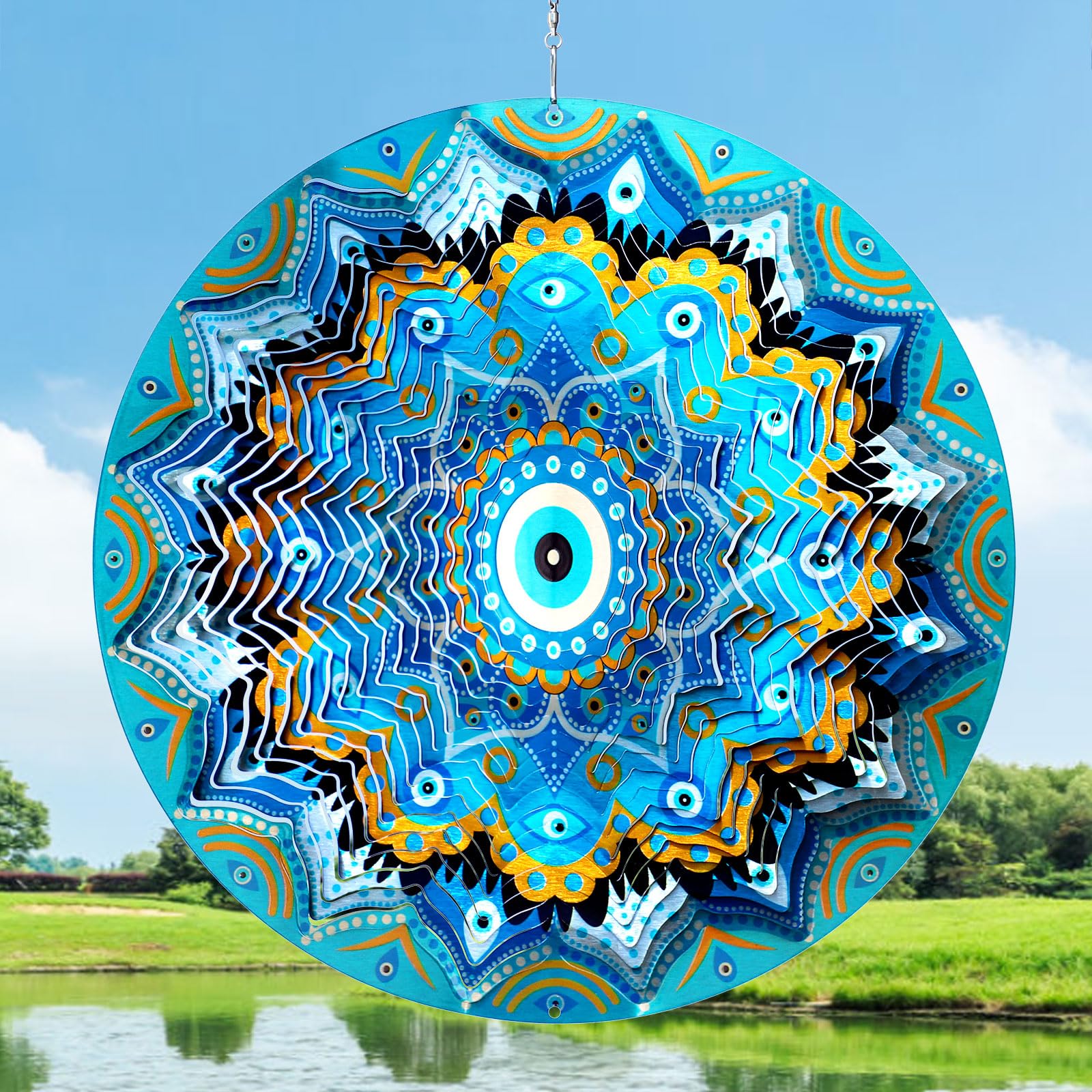 Aoedelyart Wind Spinners Outdoor Mandala Peacock Evil Eye‌,12In Stainless Steel Wind Spinner Hanging Garden Decor,Garden Gifts for Women,Men,Mother,Father,Wind Sculptures 3D Kinetic Yard Art Ornament