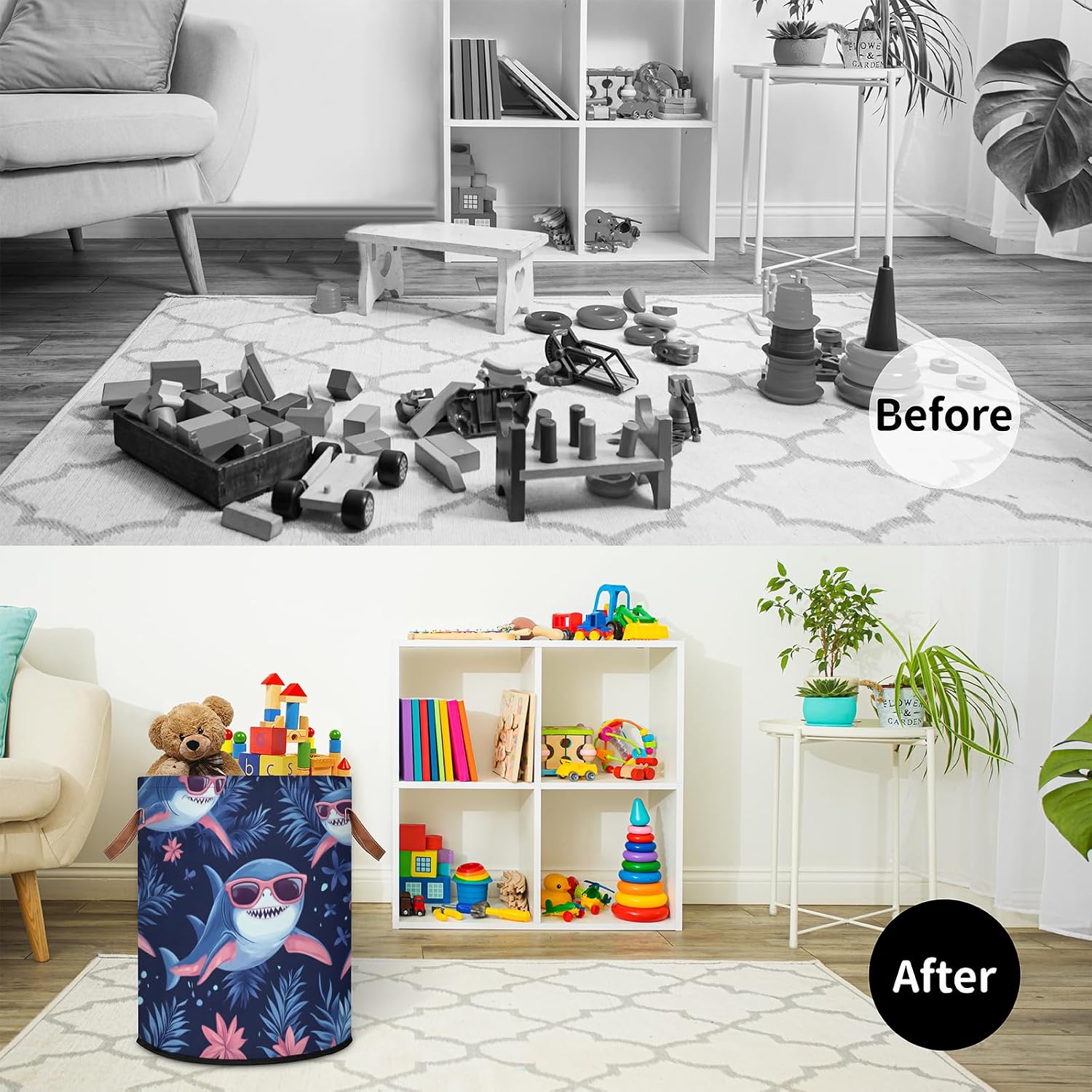 Shark Tropical Flowers Laundry Basket Foldable Storage Baskets Round Laundry Hamper With Handle for Gift Baskets/Laundry Storage/Bedroom and Utility Room Storage Bins Sharks Fashion