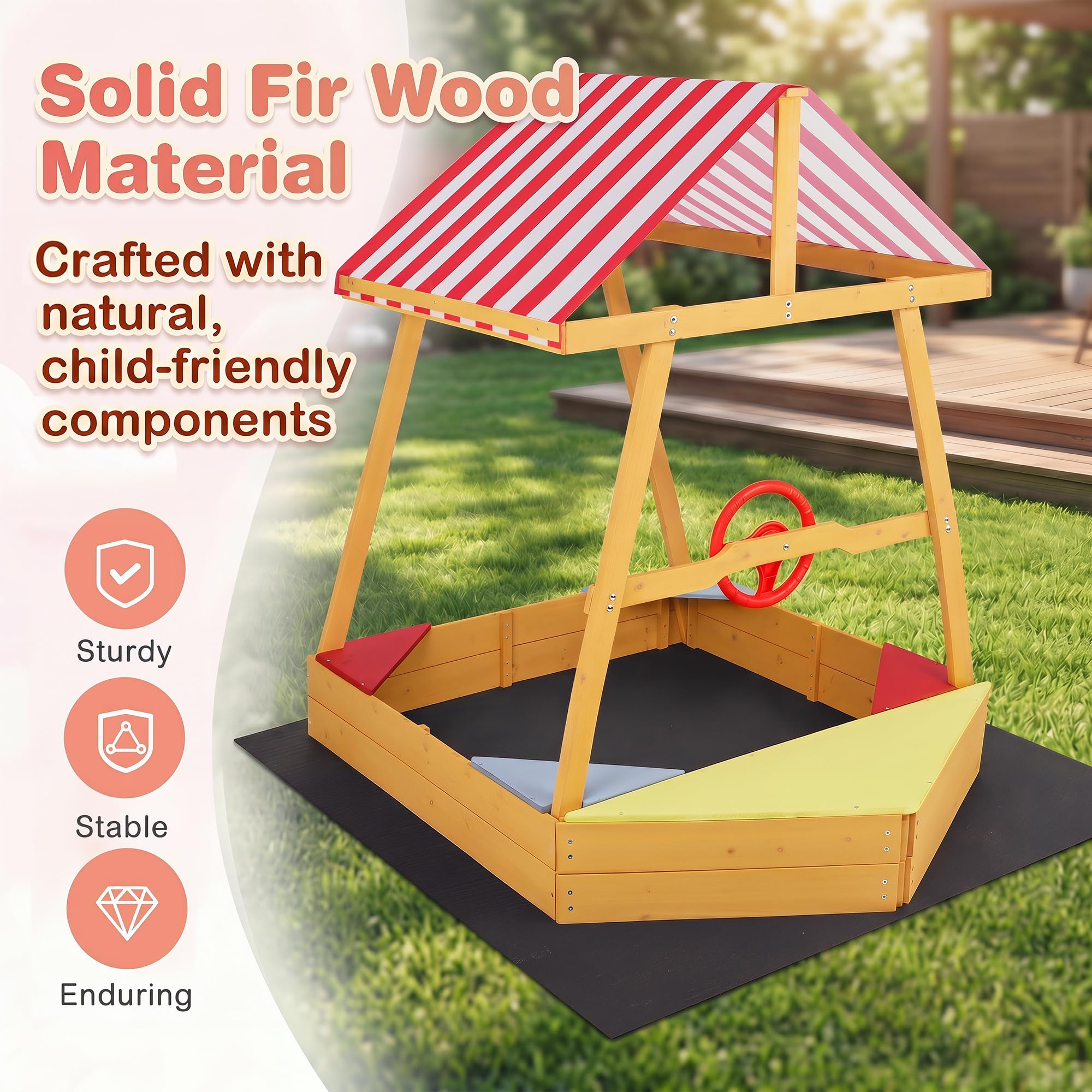 HOMASIS Bac à Sable en Bois pour Enfants, Jeu Extérieur en Forme Bateau avec Toit Oxford, Volant Pivotant, 4 Sièges d’Angle, Tapis de Sol, Fond Ouvert pour Drainage,103 x 135 x 140 cm, 18 Mois+