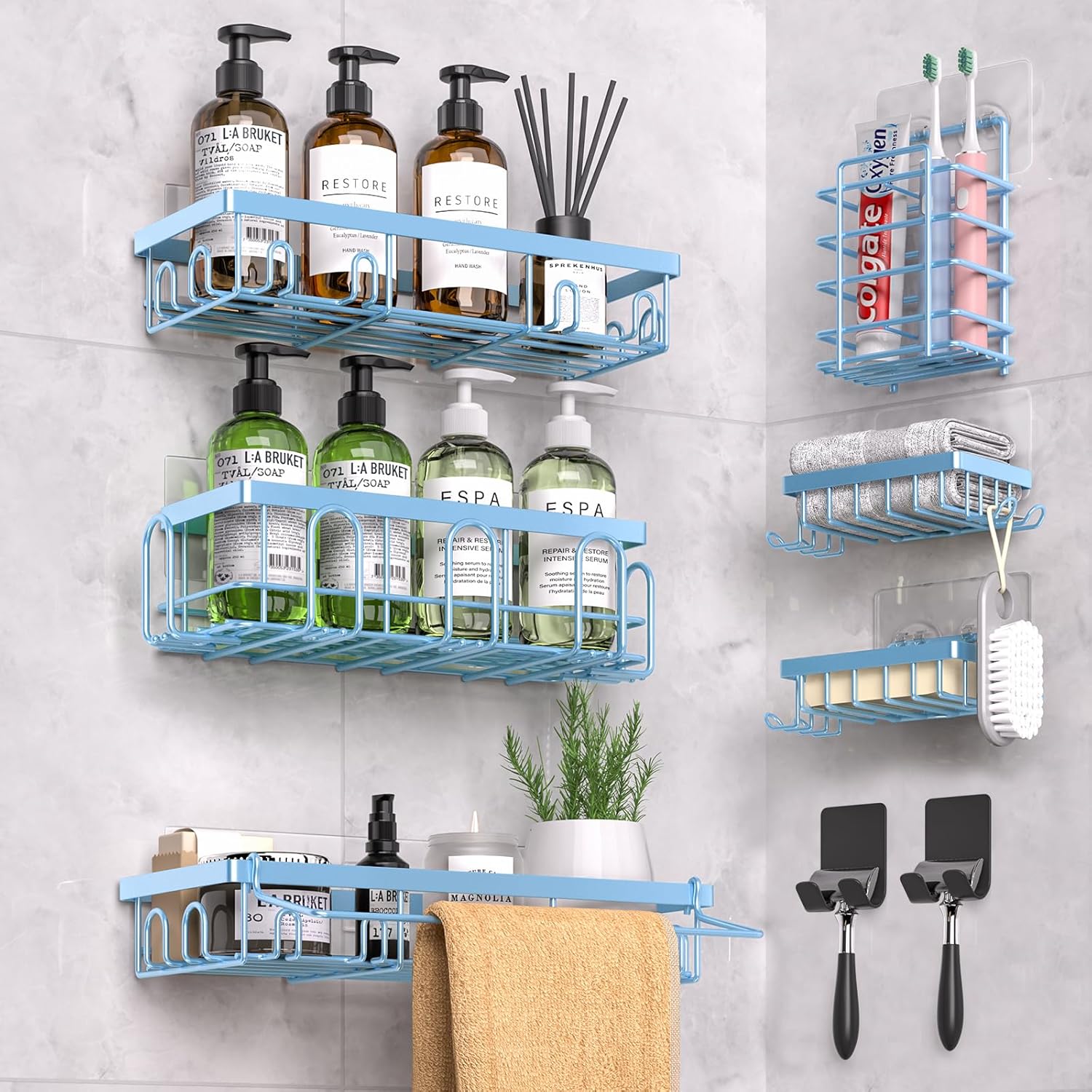 Shower Caddy 18 Pack,Adhesive Organizer for Bathroom Decor Accessories & Kitchen Storage,No Drilling,Large Capacity,Rustproof Stainless Steel Organizer,Home Decor Shelves (Blue 18 Pack)