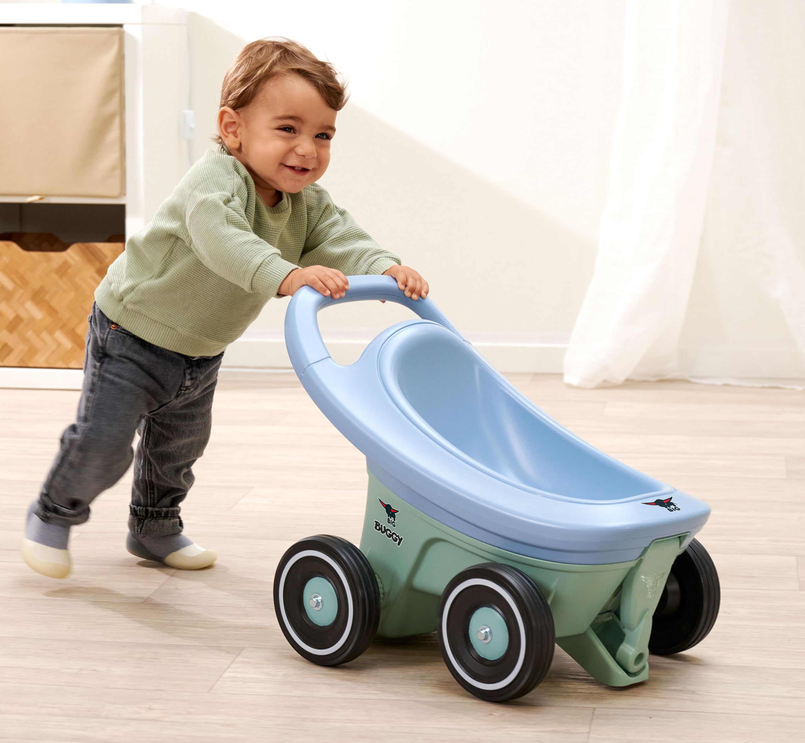 BIG Buggy 3-in-1 Lauflernwagen mit verstellbarer Bremsfunktion, Anhänger, inklusive 4 Flüsterräder, blau-türkiser BIG Buggy, für Kinder ab 1 Jahr