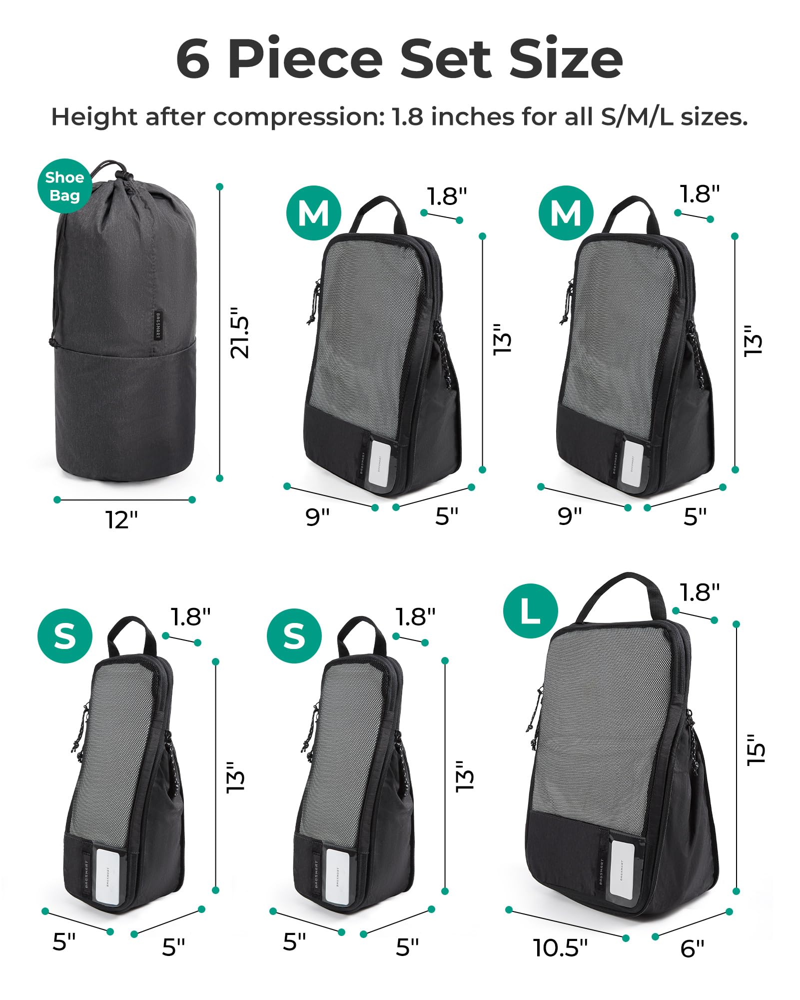 Bagsmart Packwürfel, 6er-Set Pack-Organizer für Reisen, erweiterbarer Gepäck-Organizer mit Kompression, Transparente Taschen, Netzoberteil, Freundlicher Reißverschluss und Griff, Schwarz