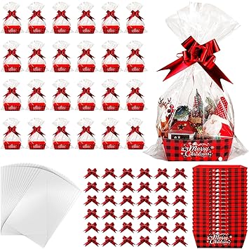 Cholemy 72 Pcs Christmas Gift Baskets Empty to Fill Kit DIY Basket for Gifts Empty Bulk Include 24 Plaid Market Tray Favor with Handles 24 Clear Basket Bags 24 Bows for Valentine Wedding Birthday