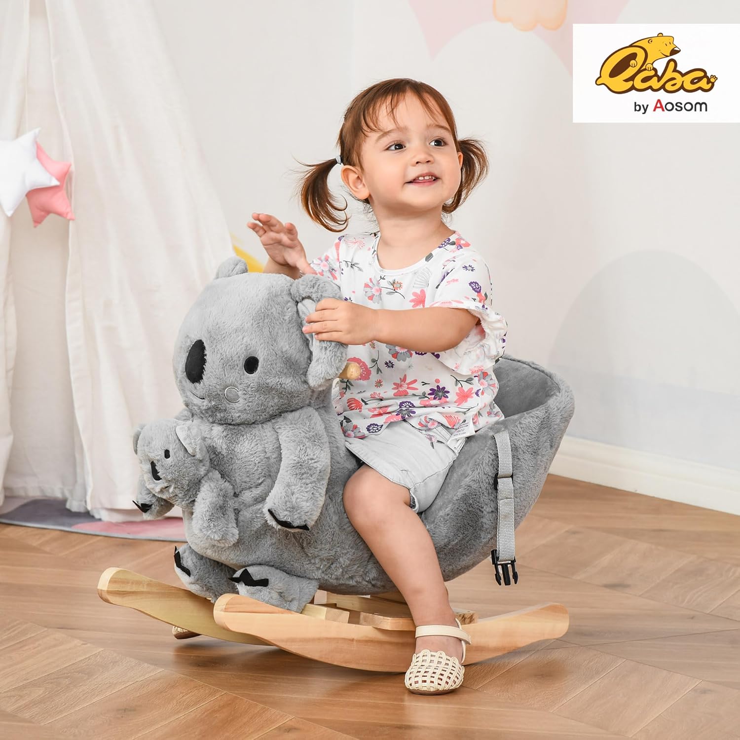 Qaba Kids Ride-On Rocking Horse, Koala-Shaped Rocker with Realistic Sounds for Children 18-36 Months, Gray