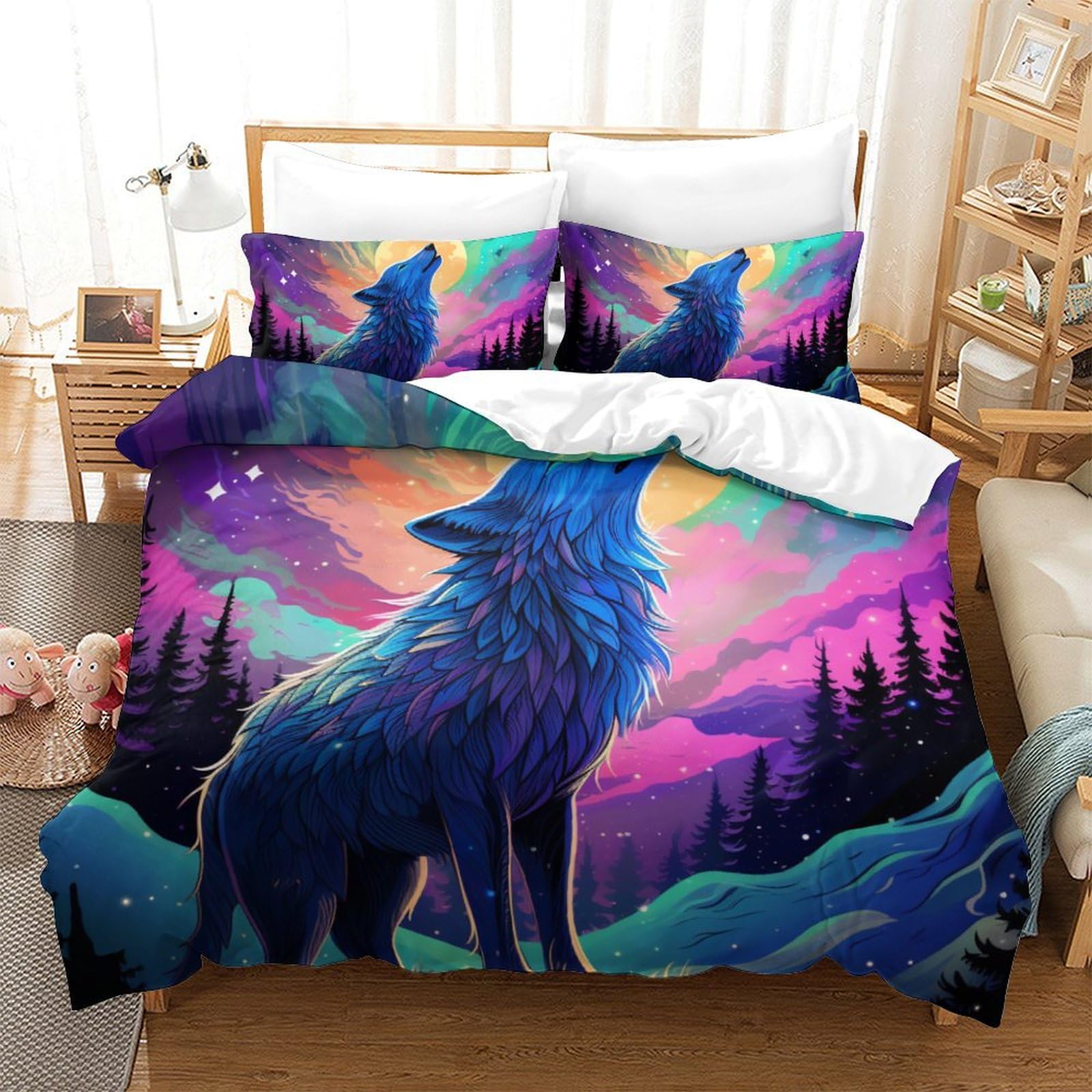 Housse de couette loup 3D King size parure de lit 220 x 240 cm linge de lit microfibre avec taies