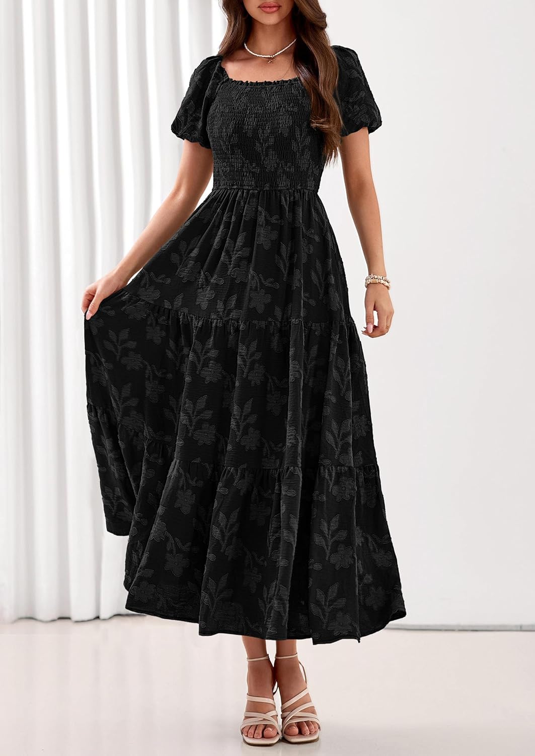 PRETTYGARDEN Women's 2026 Summer Boho Maxi Dresses Floral Short Sleeve Square Neck Smocked Flowy Long Dress Vacation Outfits - Image 3