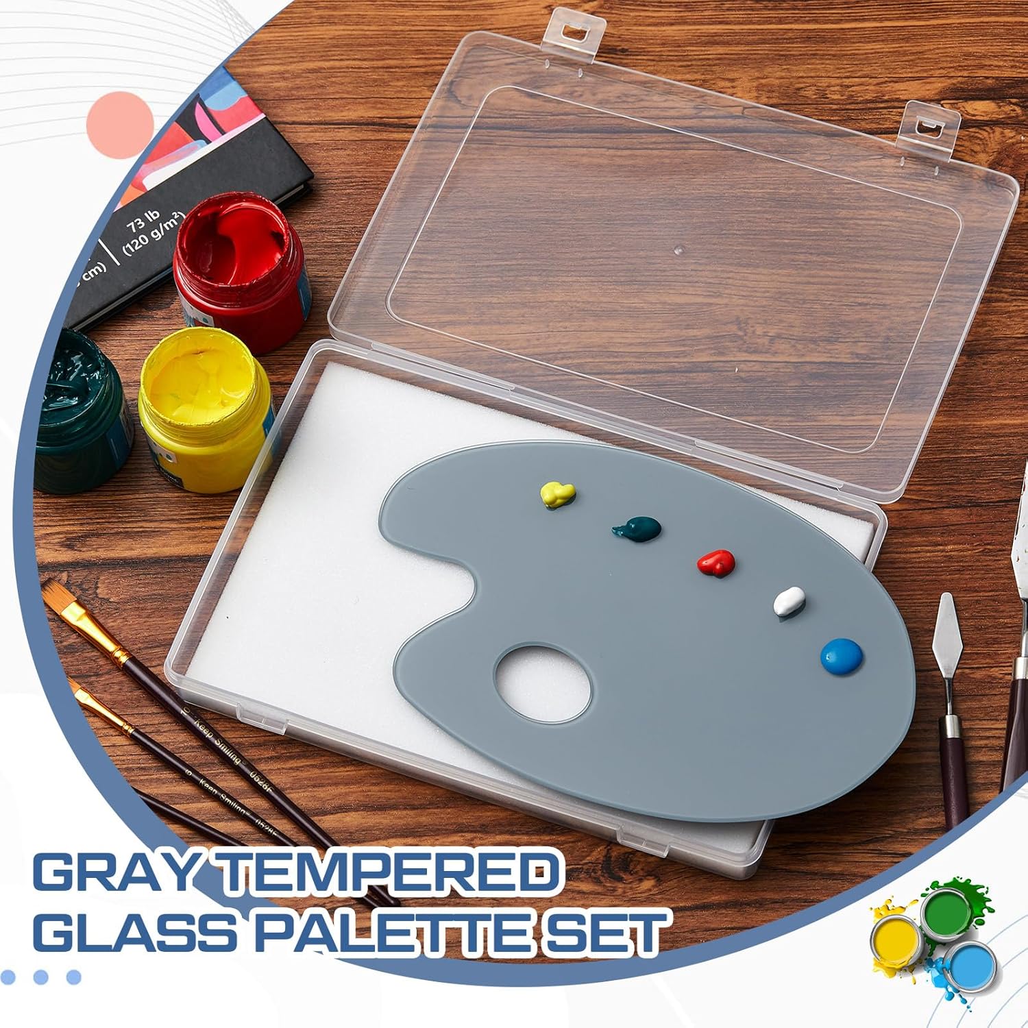 Nuanchu 2 Pcs Handy Neutral Grey Tempered Glass Palette for Oil Painting 6.3 x 10 Inch Airtight Stay Wet Palette Container Oval Keeps Paint Fresh Scratch for Acrylic Painting DIY Mixing Beginners