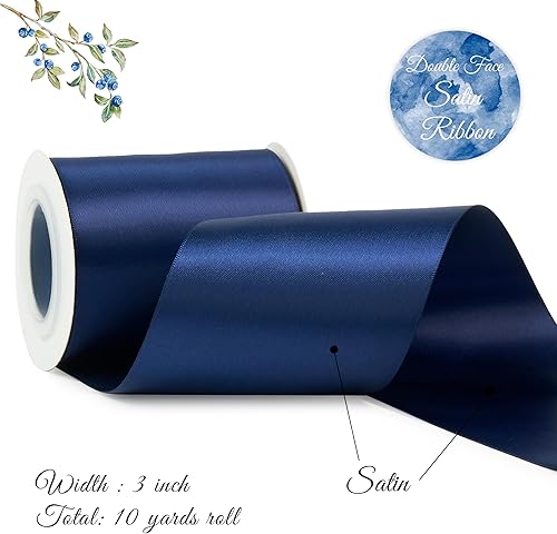 Miniatura 2 de DINDOSAL Cinta de satén de doble cara de 3 pulgadas, cinta gruesa azul marino para decoración de bodas, banda de silla, envoltura de regalos,