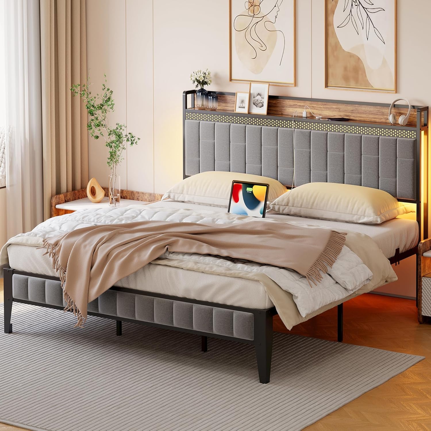 GAOMON Queen Bed Frame with LED lights and storage headboard