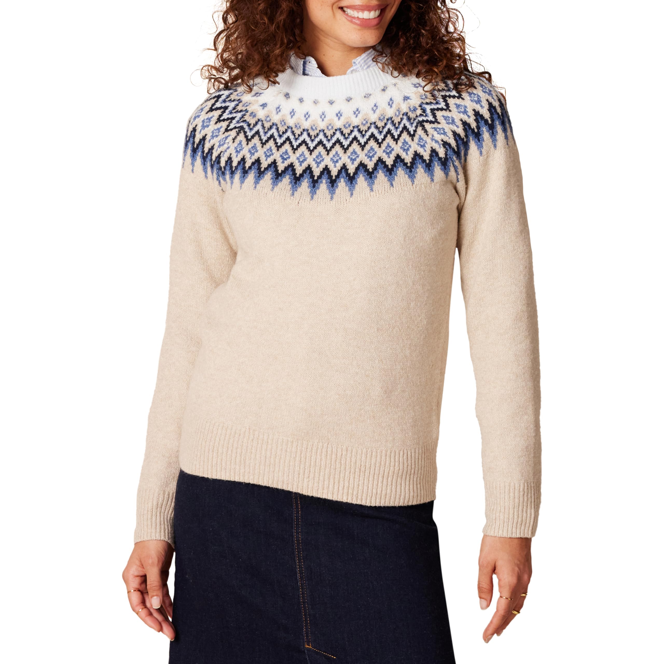 Amazon Essentials Damen Soft-Touch-Pullover mit Rundhalsausschnitt und Fair-Isle-Muster