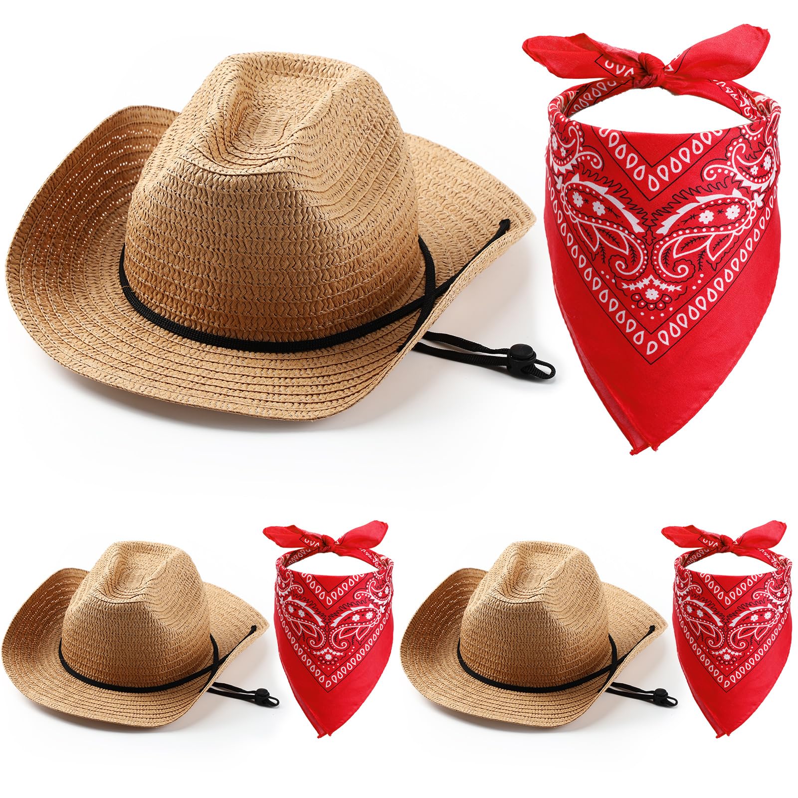 Unittype Cowboy Hat and Bandana Set, 3 Pcs Straw Cowboy Hats with 3 Pcs Red Bandanas, Classic Western Cowboy Party Hat Accessories, Khaki, UY2779