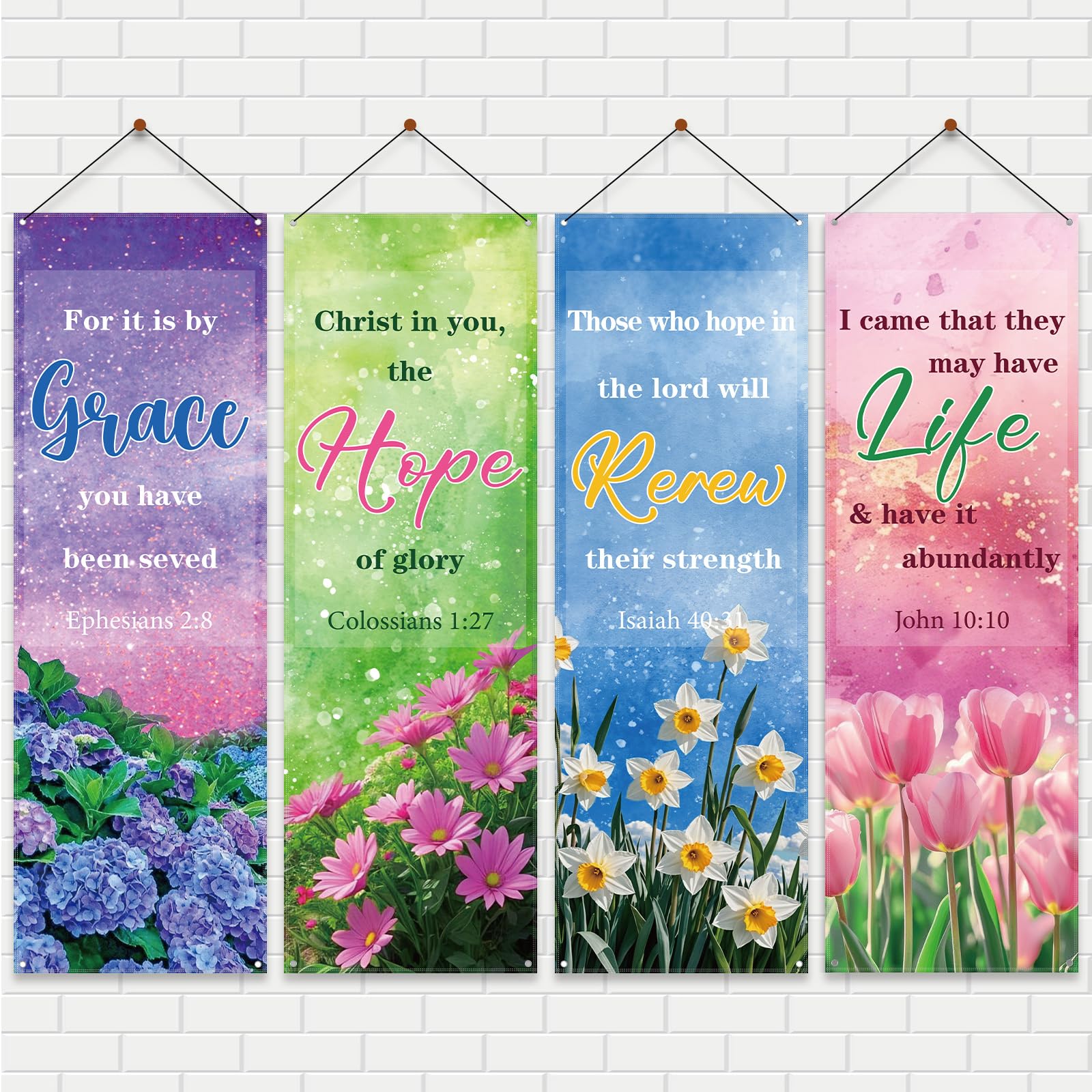 4 Pcs Church Banners with Scripture - Inspirational Bible Verse Wall Decor for Sanctuary - Exquisite Blooming Pattern Hanging Signs for Worship & Religious Praise, 6 x 2 ft