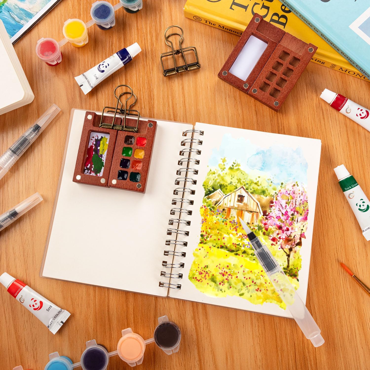 Mini Watercolor Paint Set Portable, Mini Watercolor Travel Palette Set with 2 Wooden 8-Grid Palette, 12 Colors Paint, 2 Sketch Books and 4 Brushes, Copper Clip and Sketchbook for Travel Painting - Image 7