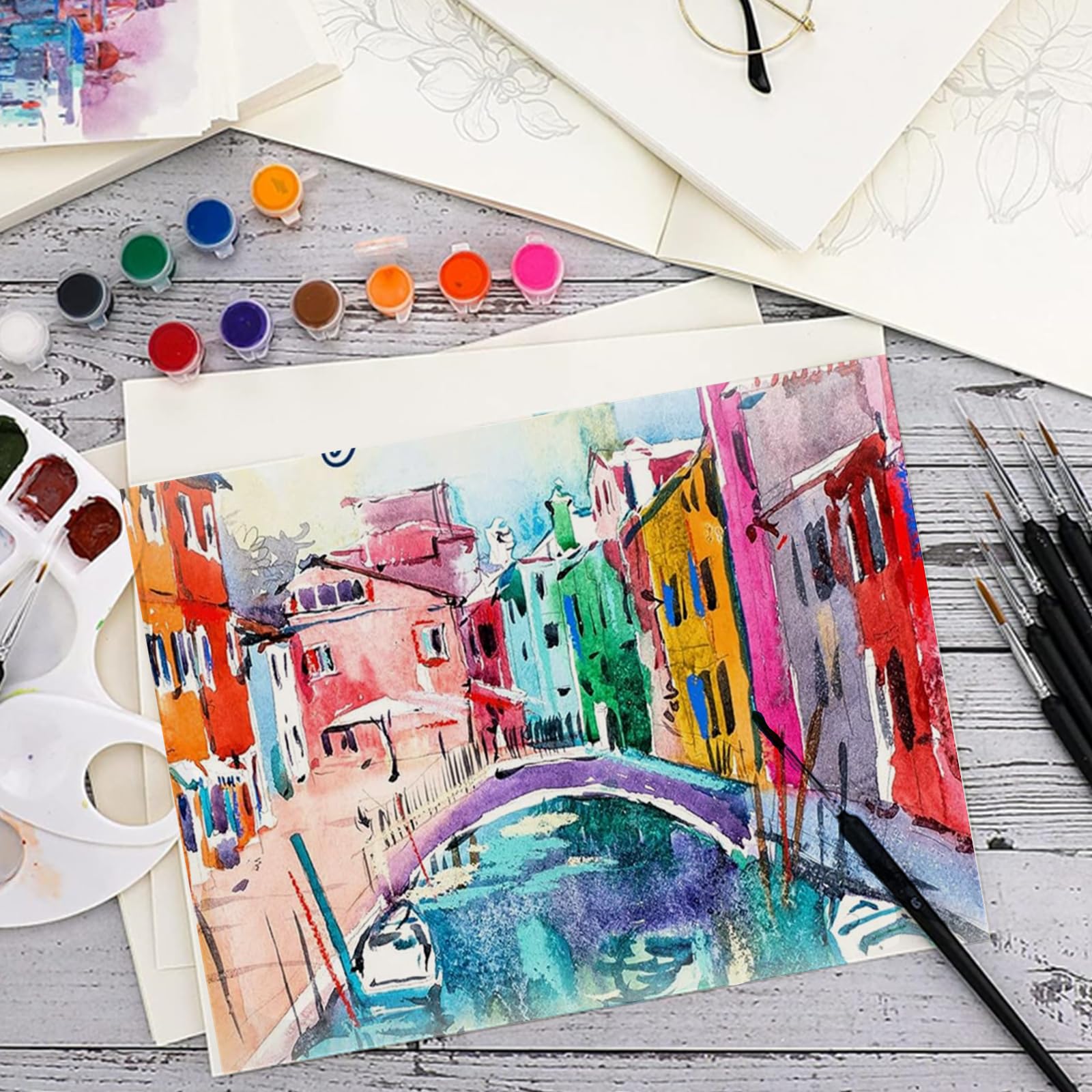 Papier Aquarelle 300g/m² - 50 Feuilles En Coton, 5 Formats (A4, 12x12cm, Rond…) - Pour Aquarelle, Acrylique, Crayon - 9