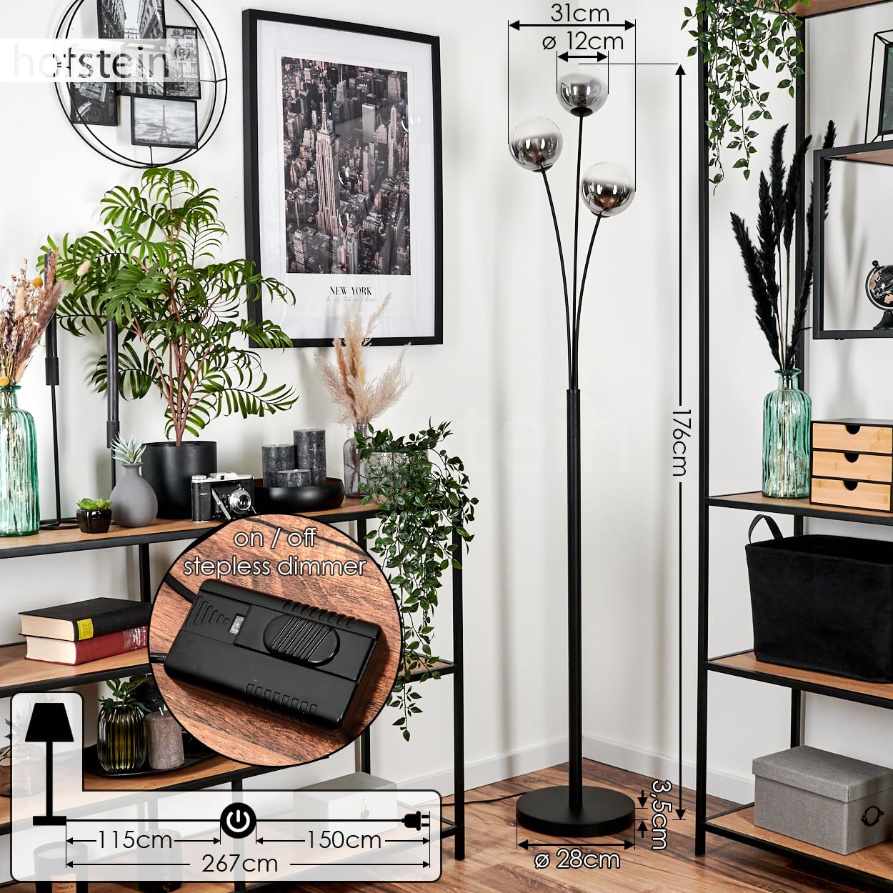 Stehleuchte Bernado, Stehlampe aus Metall/Glas in Schwarz/Rauchfarben/Klar, Leuchte im modernen Retro/Vintage-Design mit Schirmen aus Glas (Ø 12cm), dimmbar über Fußschalter, 3x G9, ohne Leuchtmittel
