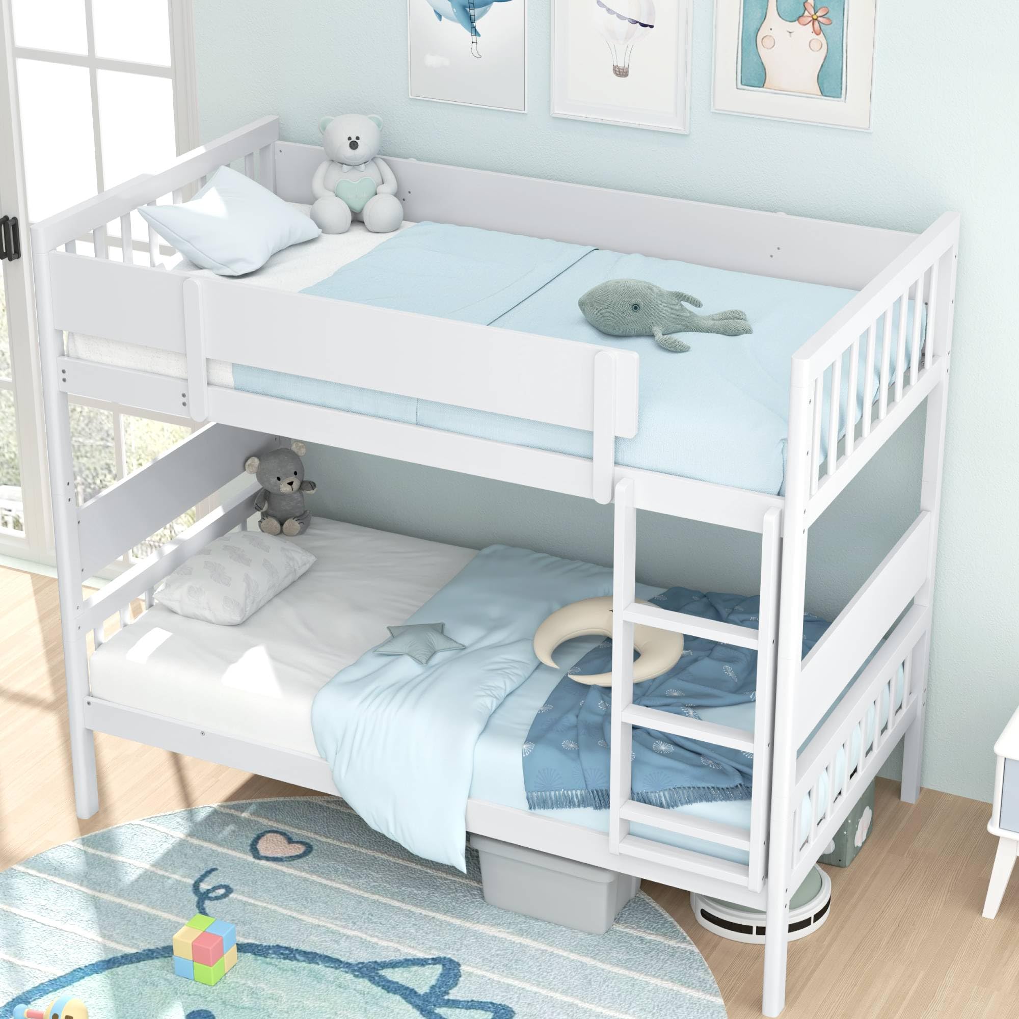 KOMFOTT Wood Twin Over Twin Bunk Bed, Convertible Bed Frame with Full-Length Guardrail & Reversible Ladder, Can Be Divided Into 2 Twin Beds, No Box Spring Needed, Ideal for Kids Teens (White)